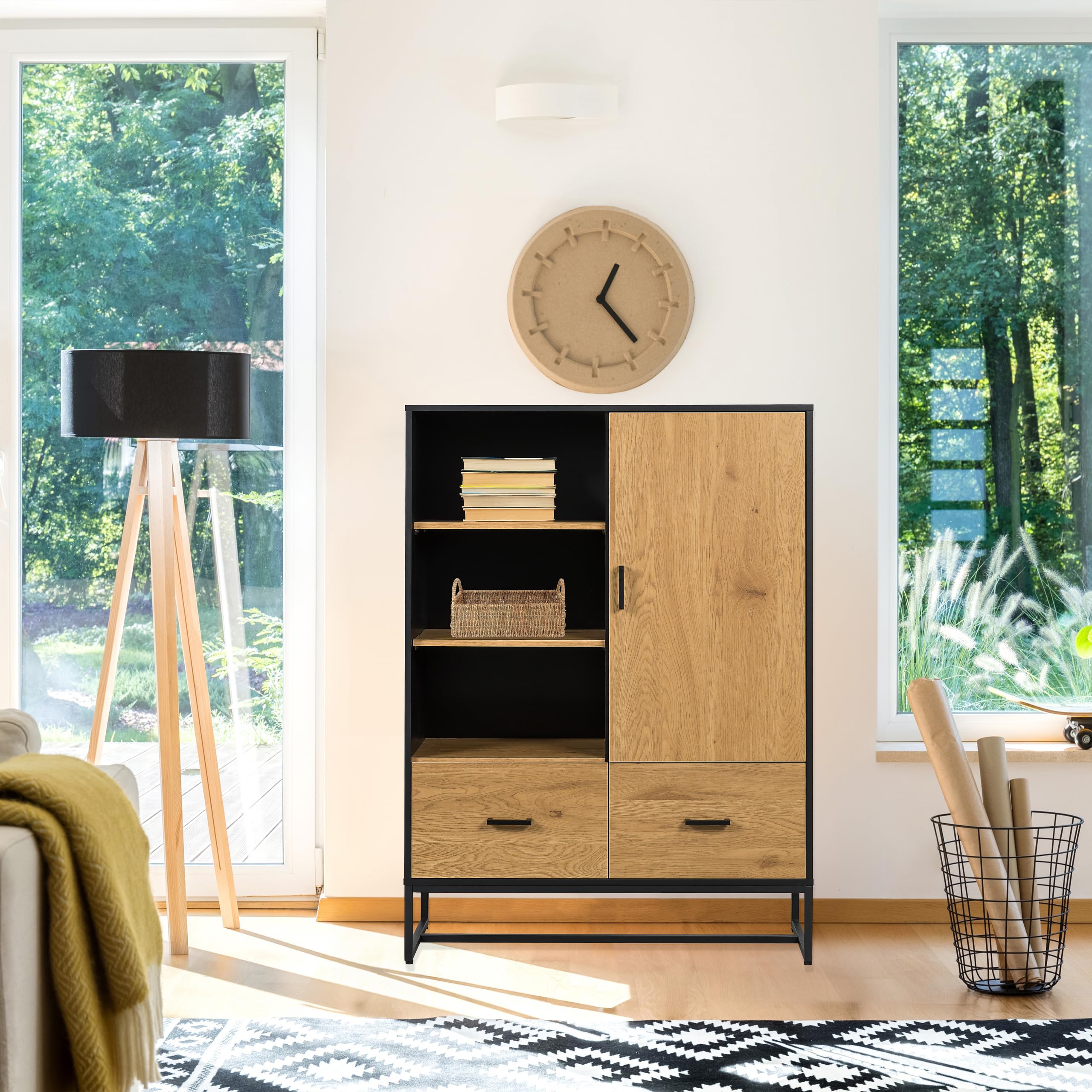 Highboard mit 2 Schubladen und Türe 100x40x140 cm AMIO H Regal Büroschrank mit viel Stauraum, Einlegeböden verstellbar, Schwarz/Eiche