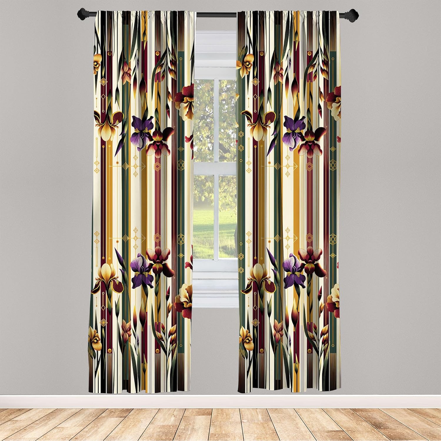 Ambesonne Floral Window Curtains Pack of 2, Blooming Flowers on Royal Stripes Geometric Style Geometric Details, Lightweight Set with Rod Pocket, 4 Panels of - 28" x 84", Plum Dark Mustard and Green