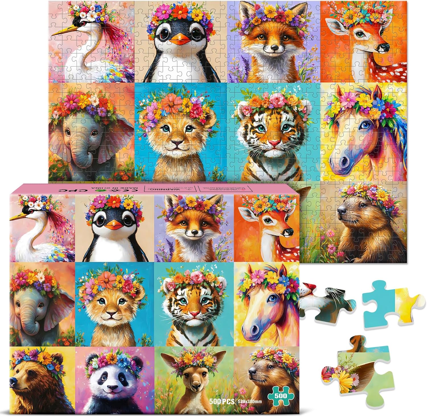 500 Piece Jigsaw Puzzle for Adults, Colorful Animal Puzzle with Lion Panda Bear Floral Portrait Collage, Funny Cute Wildlife Puzzle 500 Piece for Seniors Teens, Challenging Game Nights