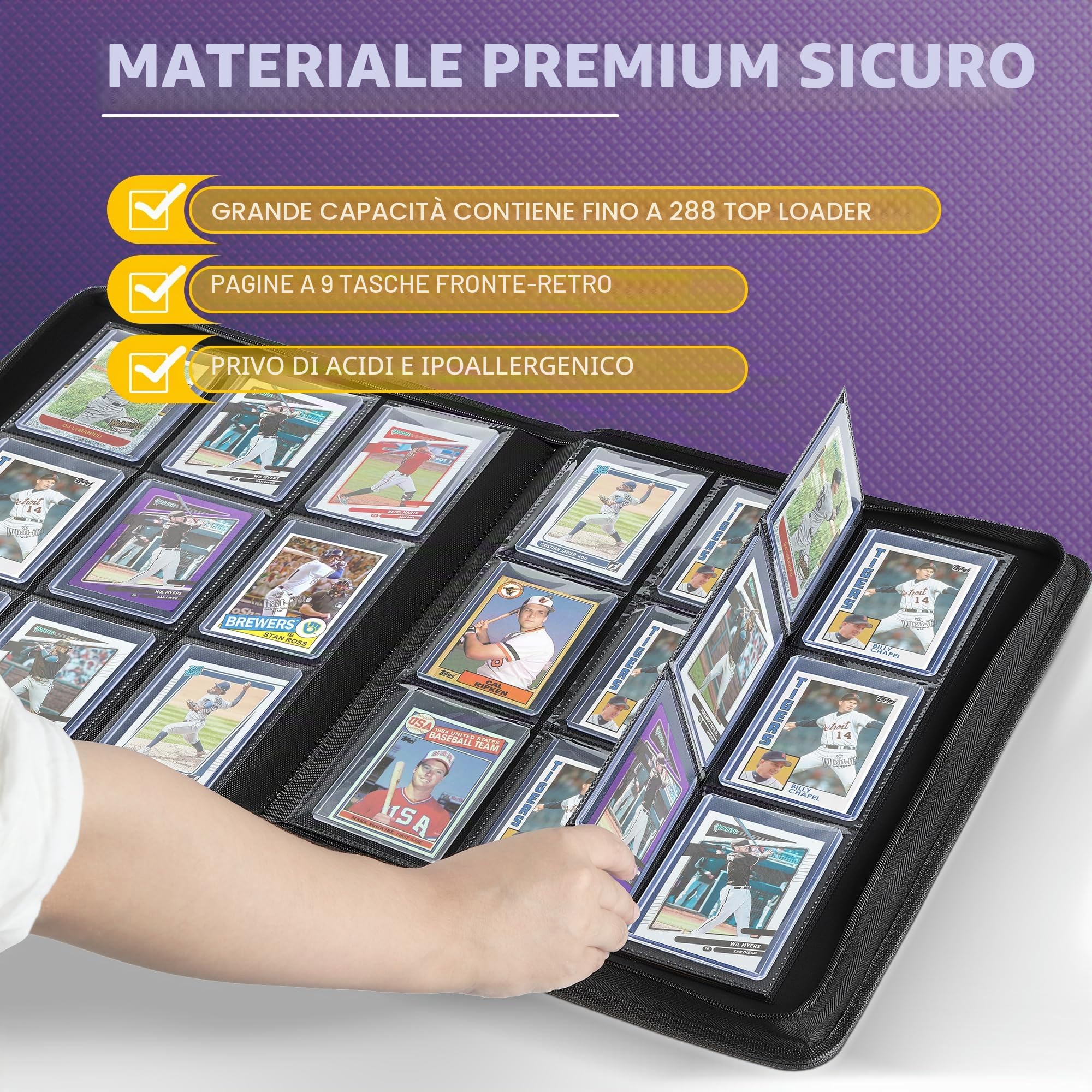 Toploader - Raccoglitore per 288 carte, 9 carte su entrambi i lati, design laterale per caricamento dall'alto rigido da 7,6 x 10,2 cm, album da collezione con pelle PU