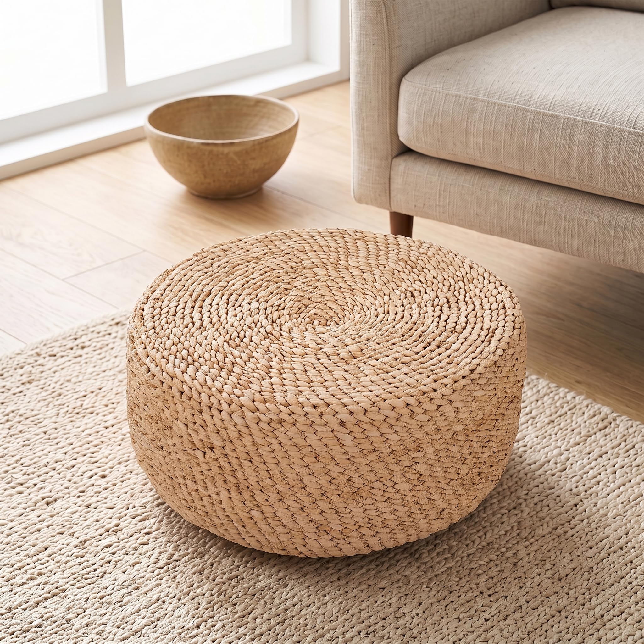 Stylish Handmade Woven Cornhusk Pouf Ottoman Footrest for Living Room, Bedroom & Dining Room | Natural Fiber Floor Cushion Stool | Lightweight Durable Home Décor Seating Pouffe-picture-14