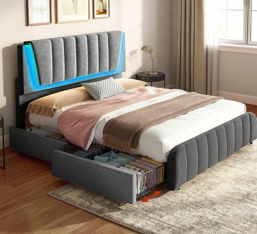 Miniatura 7 de Base de cama matrimonial con 2 cajones de almacenamiento, cama moderna de lino con cabecera tapizada, marco de cama con cabecera tapizada ajustable