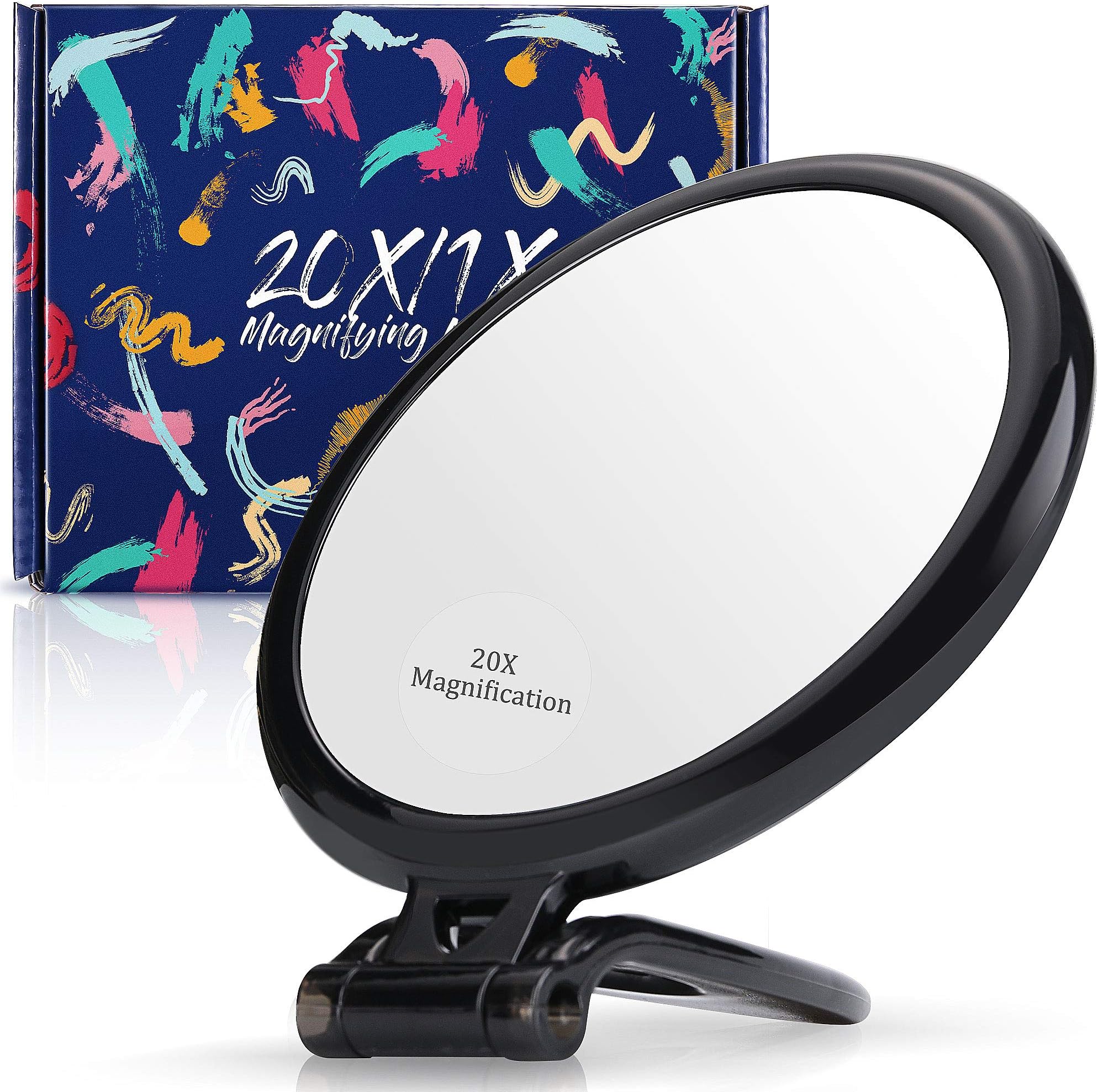 Magnifying Mirror 20x / 1x Two Sided, Double Sided Magnifying Mirror with Stand, Magnified Hand Mirror for Makeup, Blackhead/Comedone Removal (5inch,20X/1X, Black)
