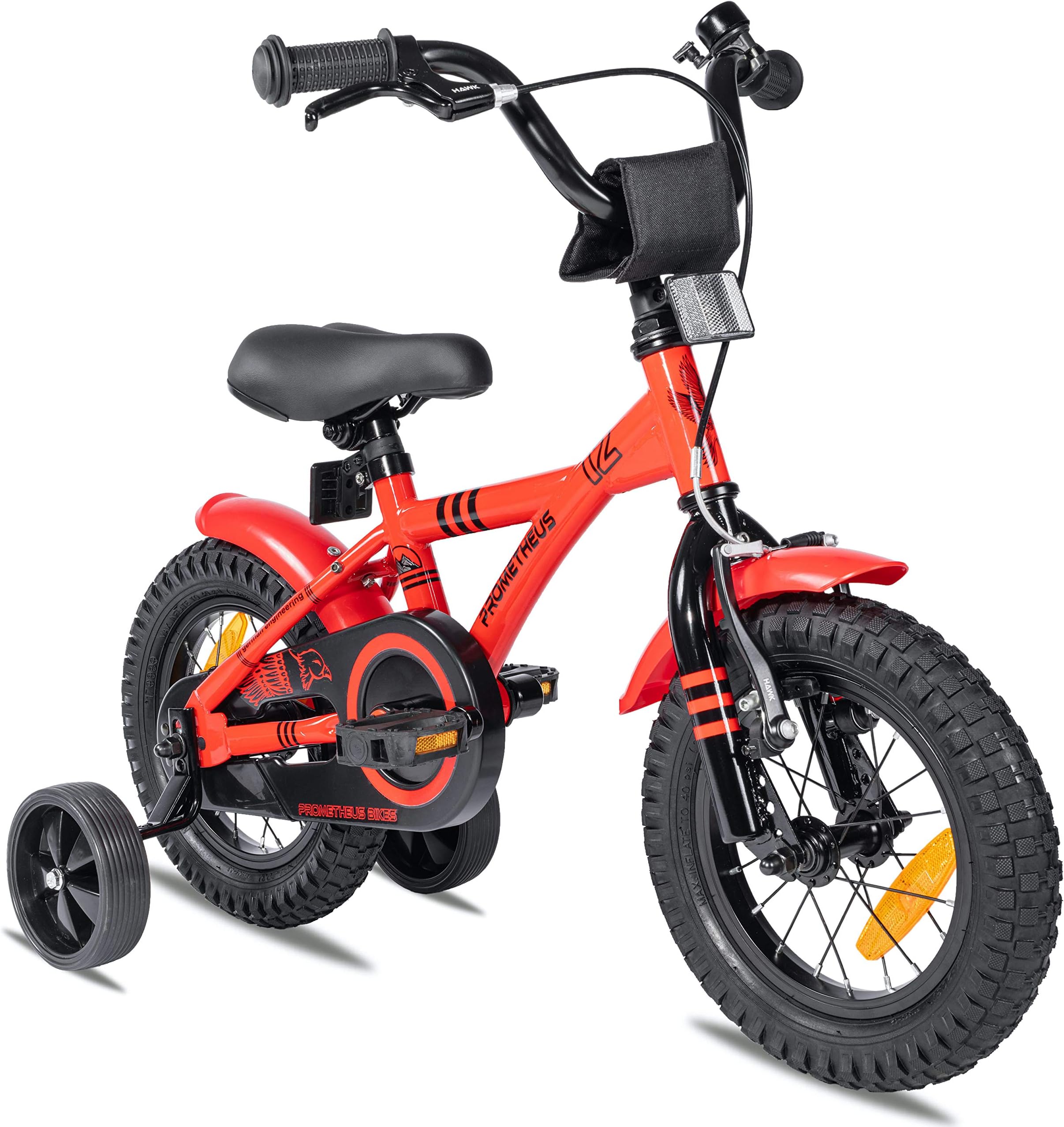 Prometheus Kids Bike 12 inch Boys and Girls in Red & Black with stabilisers | Aluminum Calliper Brake and backpedal Brake | Including Security Package | as from 3 Years | 12“ BMX Edition 2018