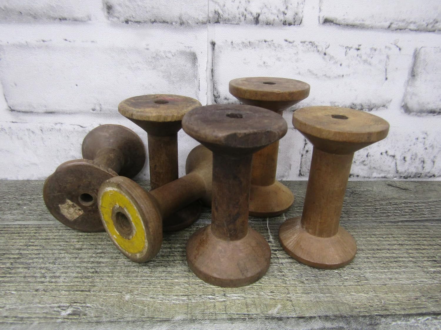 Lot of 6 Antique Wood Wooden Small Textile Bobbins Spindles Spools Stained Wood