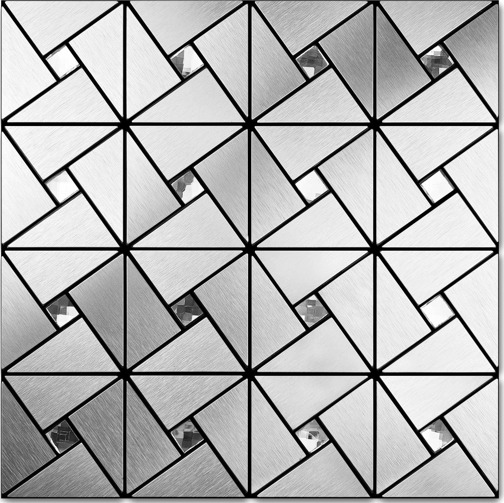 Peel and Stick Backsplash Tile - Metal Tile Stick on Backsplash for Kitchen and Bathroom Silver Windmill Puzzle Glass Mixed Metal Self Adhesive Mosaic Tiles(12"x12"x10 Sheets)