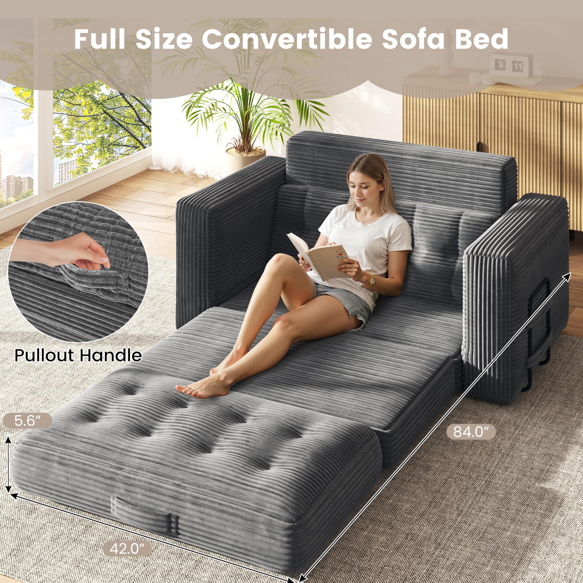 EROMMY 56" Boneless Couch Bed, Convertible Sofa Bed with Corduroy Fabric, Small Loveseat Sleeper Sofa for Small Spaces, Pull Out Futon Couch with 2 Pillows, No Assembly, Grey