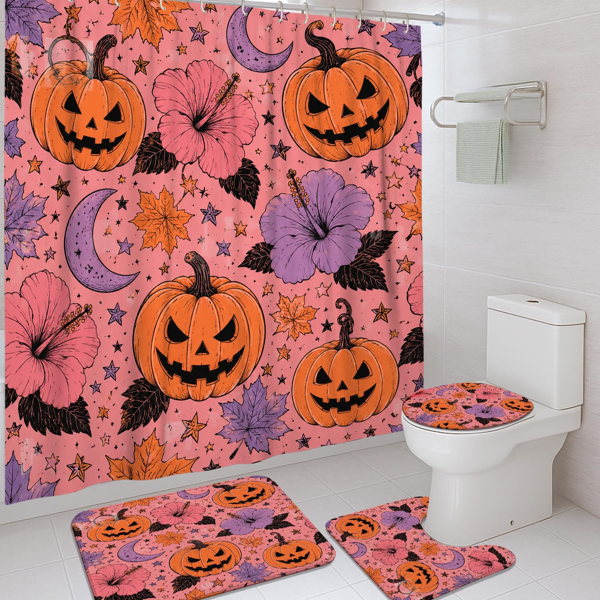 Rideau de douche en tissu de qualité supérieure illustré de fleurs, citrouilles et lune