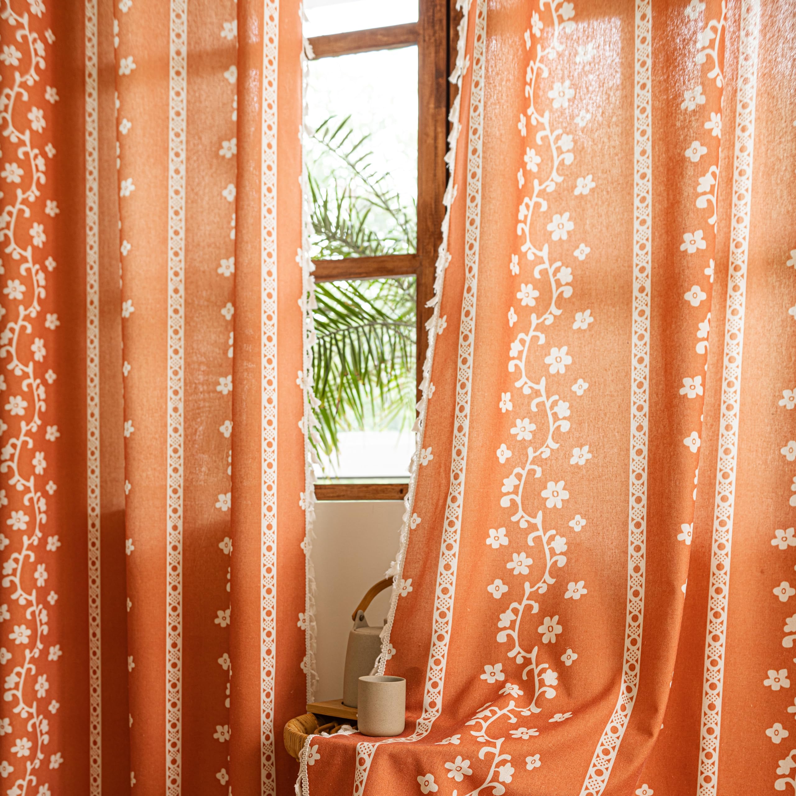 Sutuo Home Boho Floral Curtains 72 inch Length 2 Panels, Bohemian Semi Blackout Halloween Flower Drape Decor Linen Grommet Tassels Window Treatment for Living Room Bedroom 52" W x 72" L Terracotta
