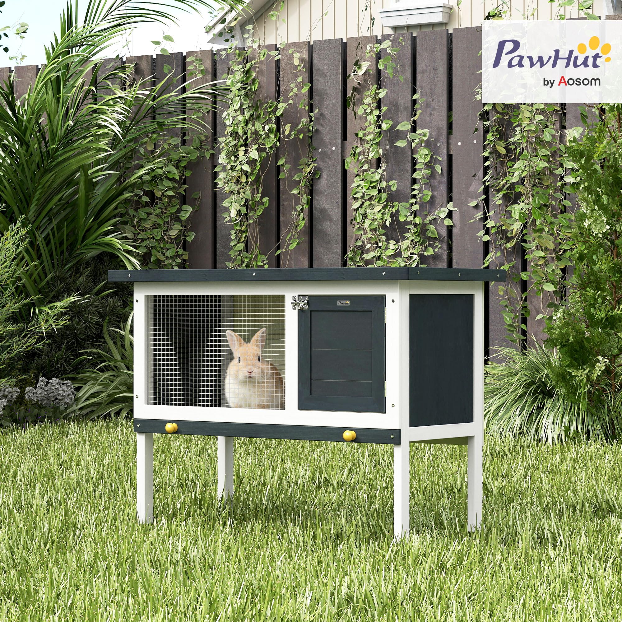 PawHut Conejera de Madera Exterior Jaula Elevada para Conejos Cobayas Animales Pequeños con Techo Asfáltico Abatible Bandejas Extraíbles y Puerta con Pestillo 90x45x65 cm Gris Oscuro