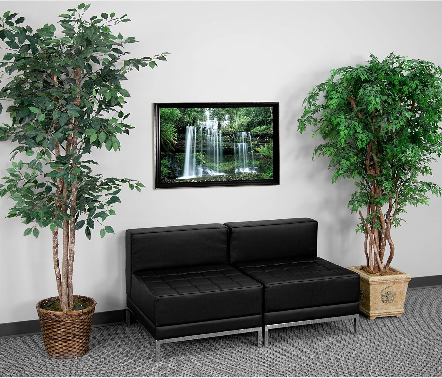 BOWERY HILL Modular Lounge Set, Black Leather Upholstery, Foam Filled Cushions, Smooth Back and Tufted Seat Design, Fixed Seat and Back, 56" W x 28.75" D x 27.25" H, Contemporary Reception Seating
