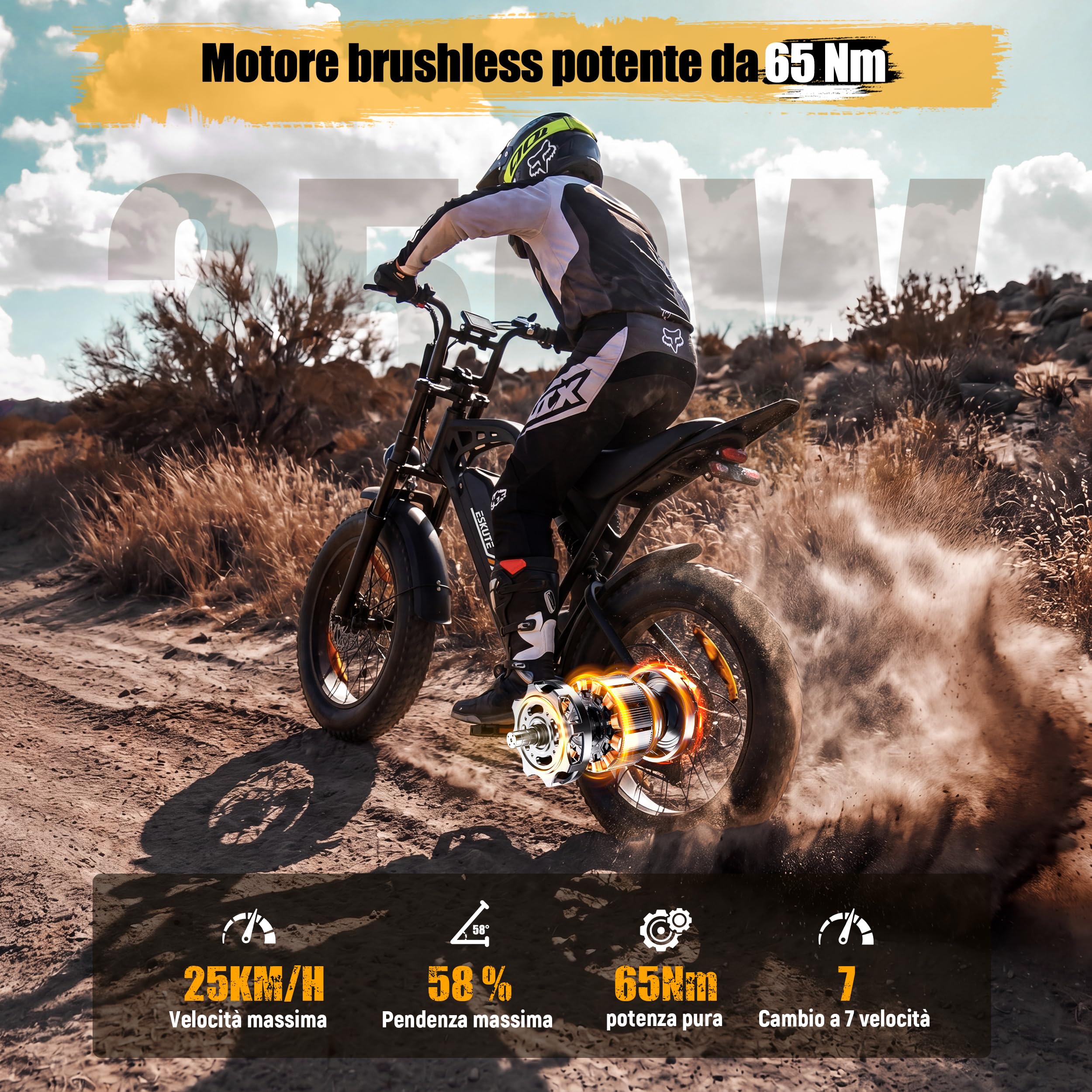 ESKUTE V202 Bicicletta Elettrica per Adulti, Fat Bike Elettrica 20X4.0 con Batteria Rimovibile 48V 20.8Ah, E-Bike All Terrain, 7 Velocità, Freni a Disco Meccanici