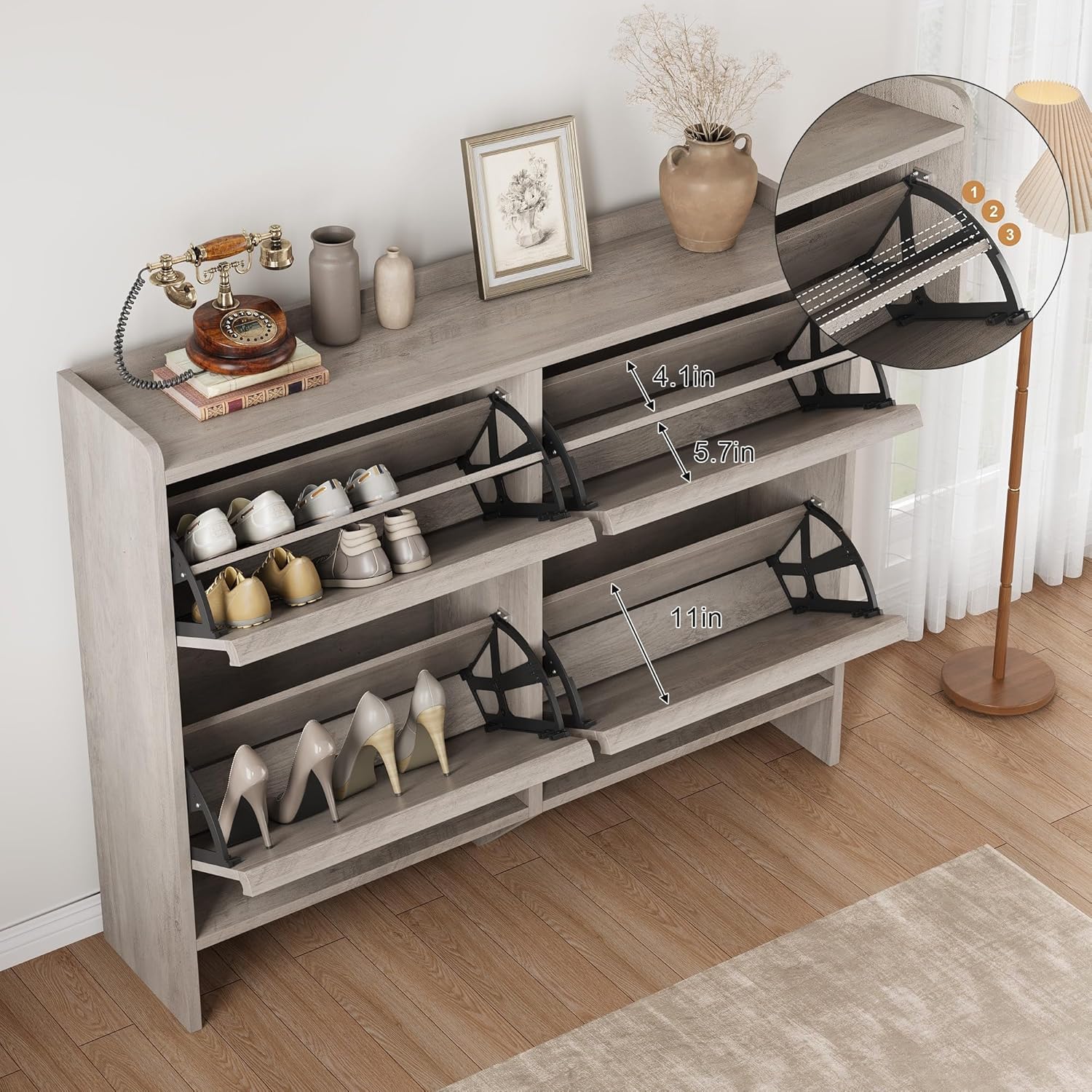 Patikuin Entryway Shoe Storage Cabinet with 4 Flip-Down Doors – Wooden Organizer with Adjustable Shelf, Hidden Hallway & Living Room Storage, Grey