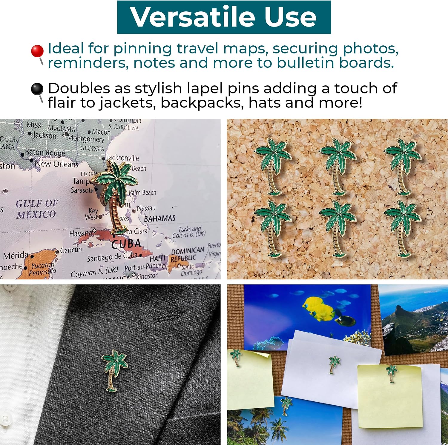 Palm Tree Push Pins - Custom Palm Tree Pins - for Cork Board, Maps, or Lapel Pin Use - Designed in USA - Set of 20