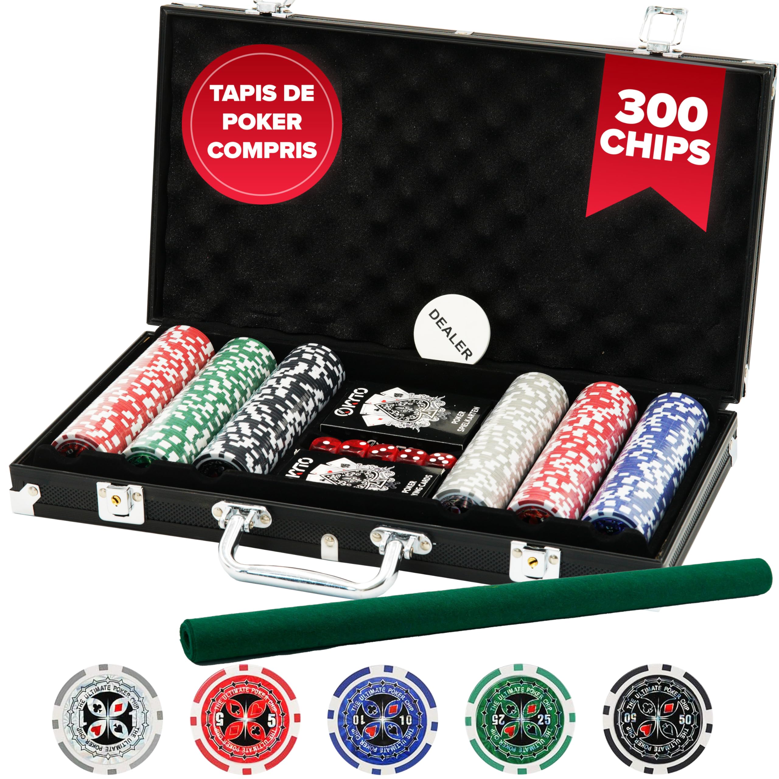 Kyto Mallette de poker 300 pièces – Idéal pour Texas Holdem – Avec valise, jetons de poker, cartes de poker et tapis de poker – Jeu de poker parfait pour les professionnels et les débutants dans le