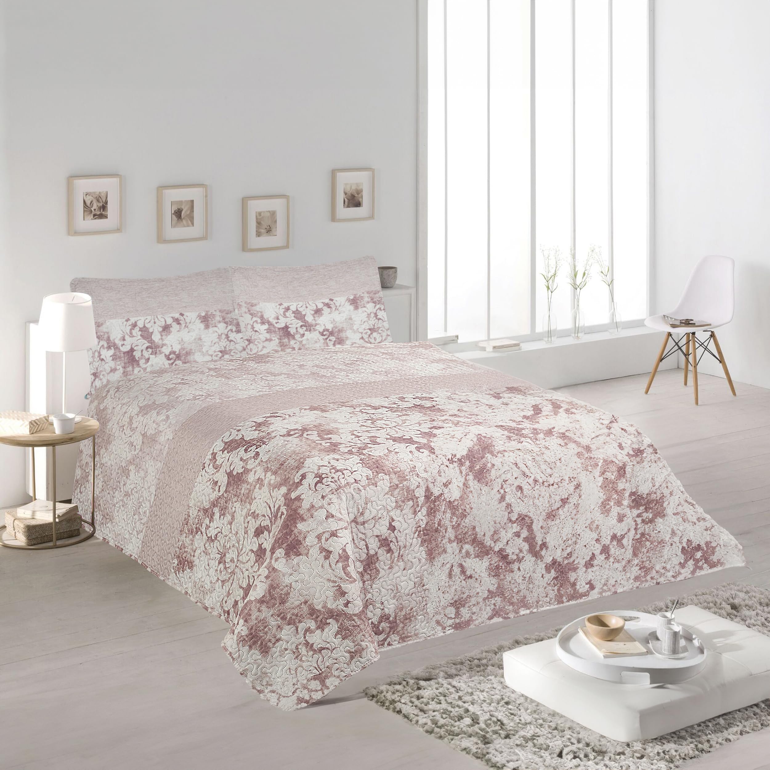 H HANSEL HOME Colcha Bouti Estampada Cama 140/150/160, 100% Microfibra Extra Suave, Bicolor Reversible, Cubrecama Fina, para Verano y Entretiempo, Incluye 2 Funda de Cojín - Rosa Acuarela 250x260