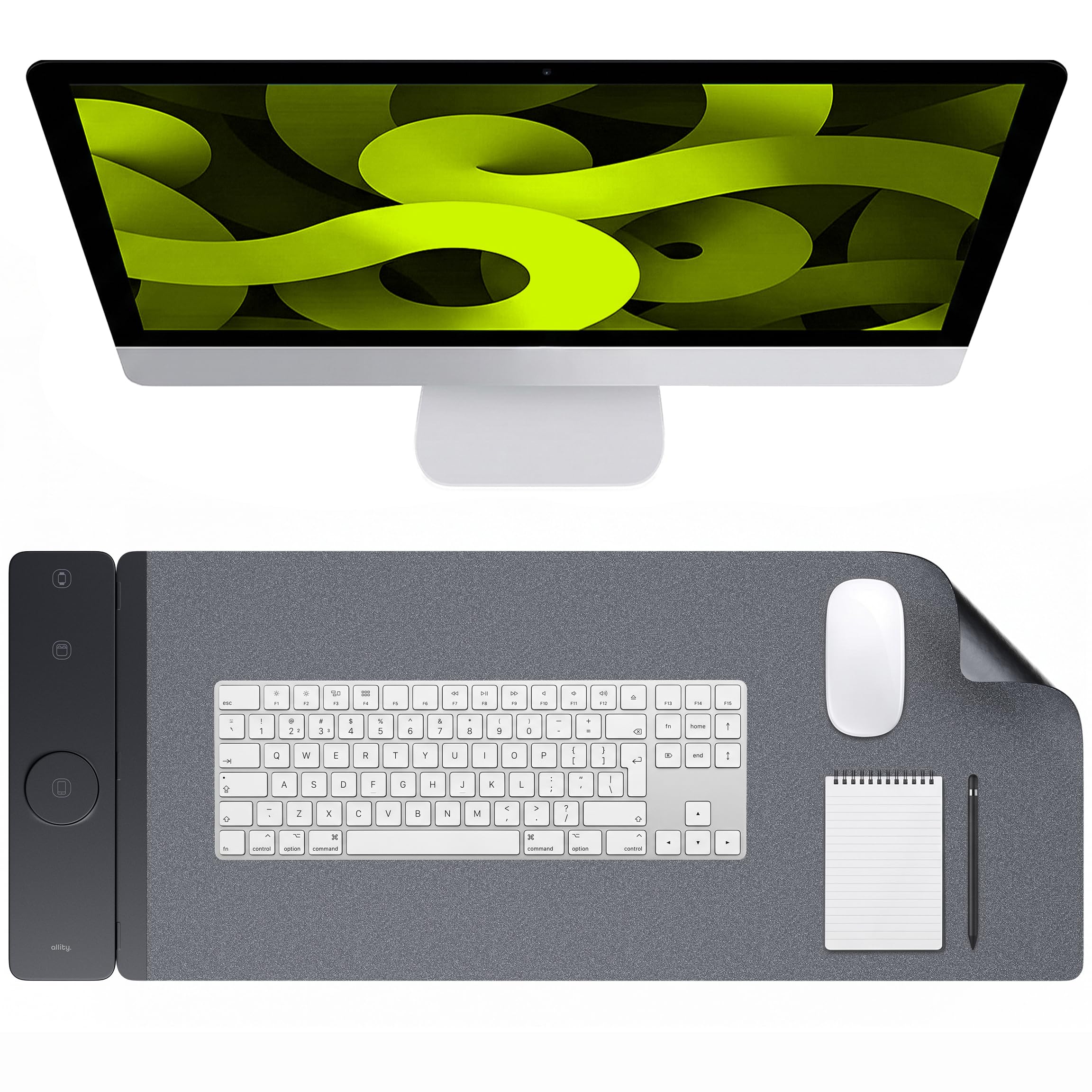 Tappetino da Scrivania con Ricarica Wireless 4 in 1, 15 W | Tappetino per Laptop e Mouse, Caricatore Wireless Qi per Smartphone, Nero
