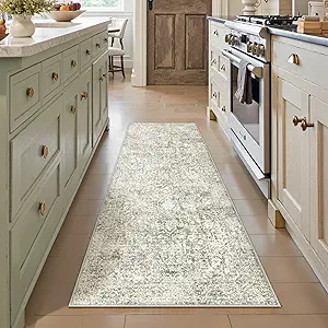 2x6 Runner Rug Washable Vintage Neutral Indoor Hallway Carpet Non Slip Taupe Bedroom Low Pile Kitchen Distressed Long Retro Accent Throw Rug for Bathroom Dining Laundry Living Room