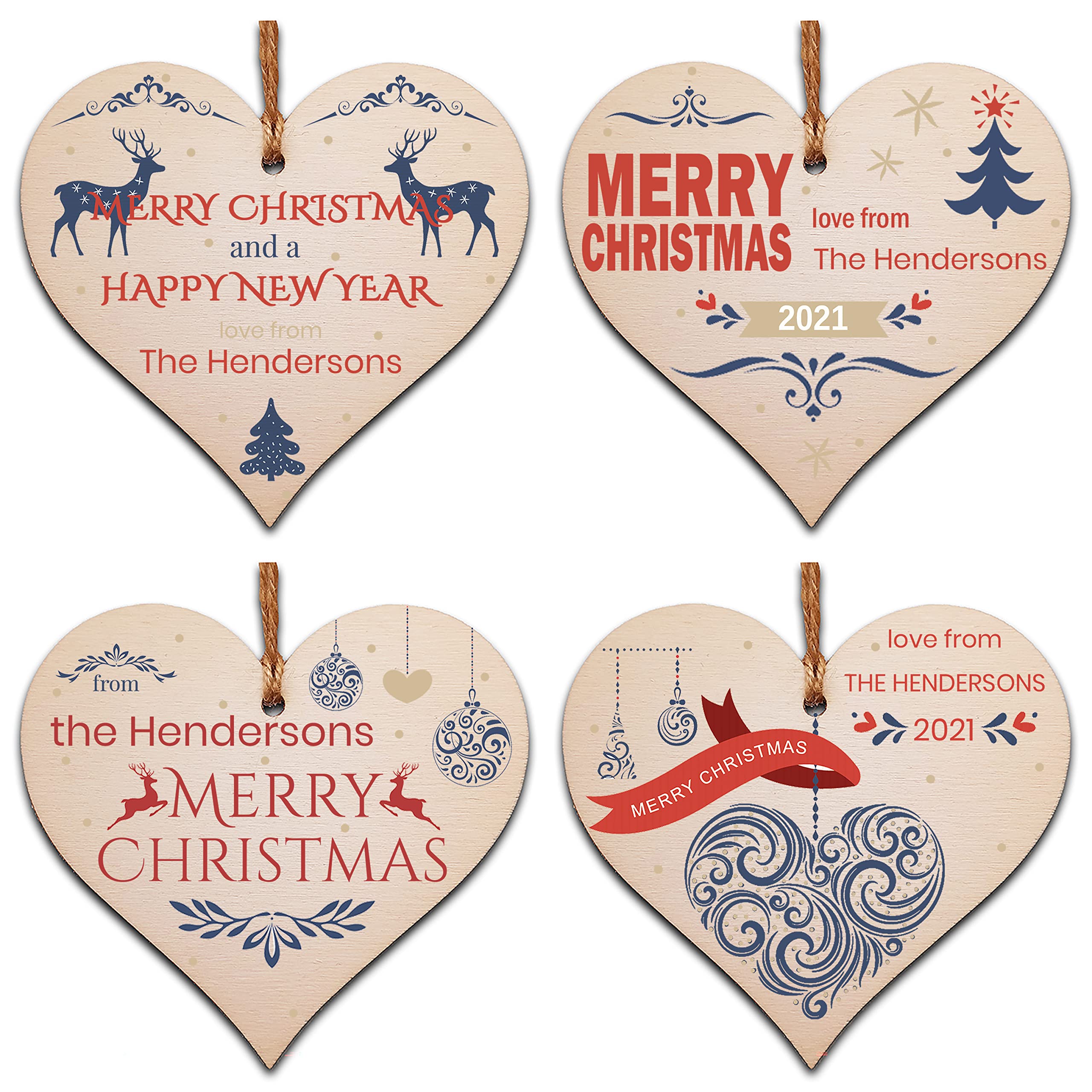 The Plum Penguin Vintage Christmas Pack Of 4 Personalised Handmade Wooden Hanging Heart Plaques Bauble Christmas Card Alternative Vintage Style Family Friends Neighbours Colleagues