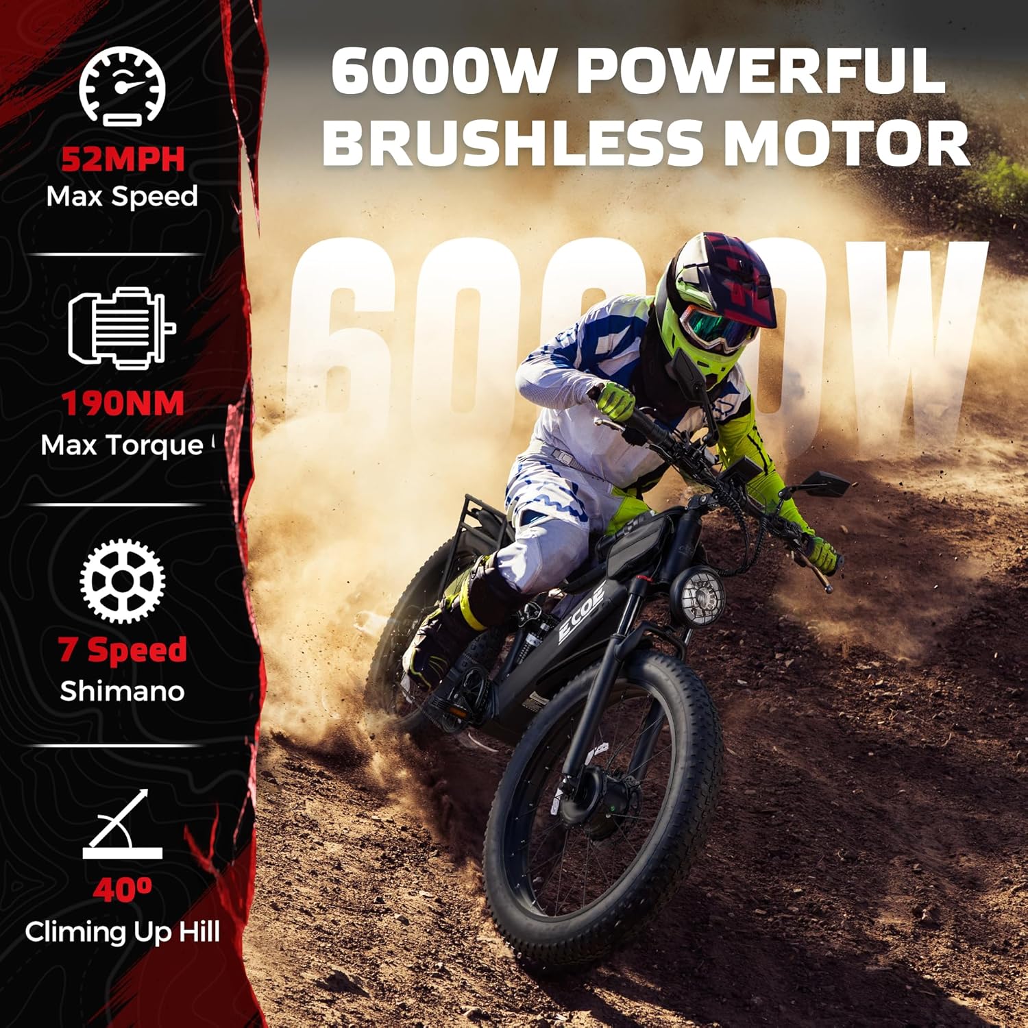 EcoE 6000W/5000W Dual Motor Electric Bike for Adults 52MPH with 60V32A, 26x4 Fat Tire All Terrain Ebikes, Full Suspension E Bike, SHM 7-Speed Gear Electric Bicycle EcoE 6000W/5000W Dual Motor Electric Bike for Adults 52MPH with 60V32A, 26x4 Fat Tire All Terrain Ebikes, Full Suspension E Bike, SHM 7-Speed Gear Electric Bicycle