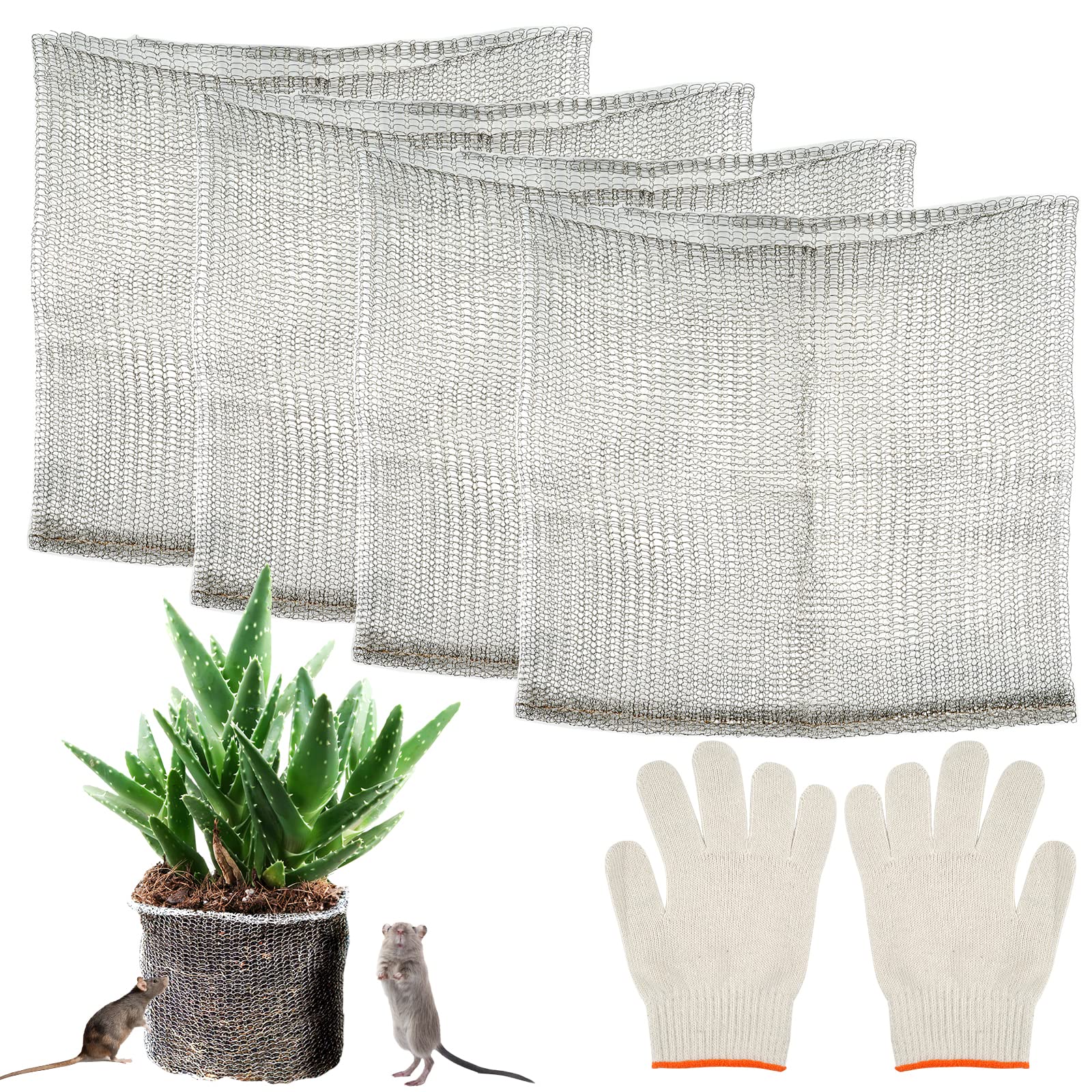 Vaktop Edelstahl Wurzelschutz 4 Stück - Wühlmauskorb mit Handschuhen, Netzbeutel und Drahtkörben für Pflanzen, Gemüse, Beeren (35 x 35 cm)