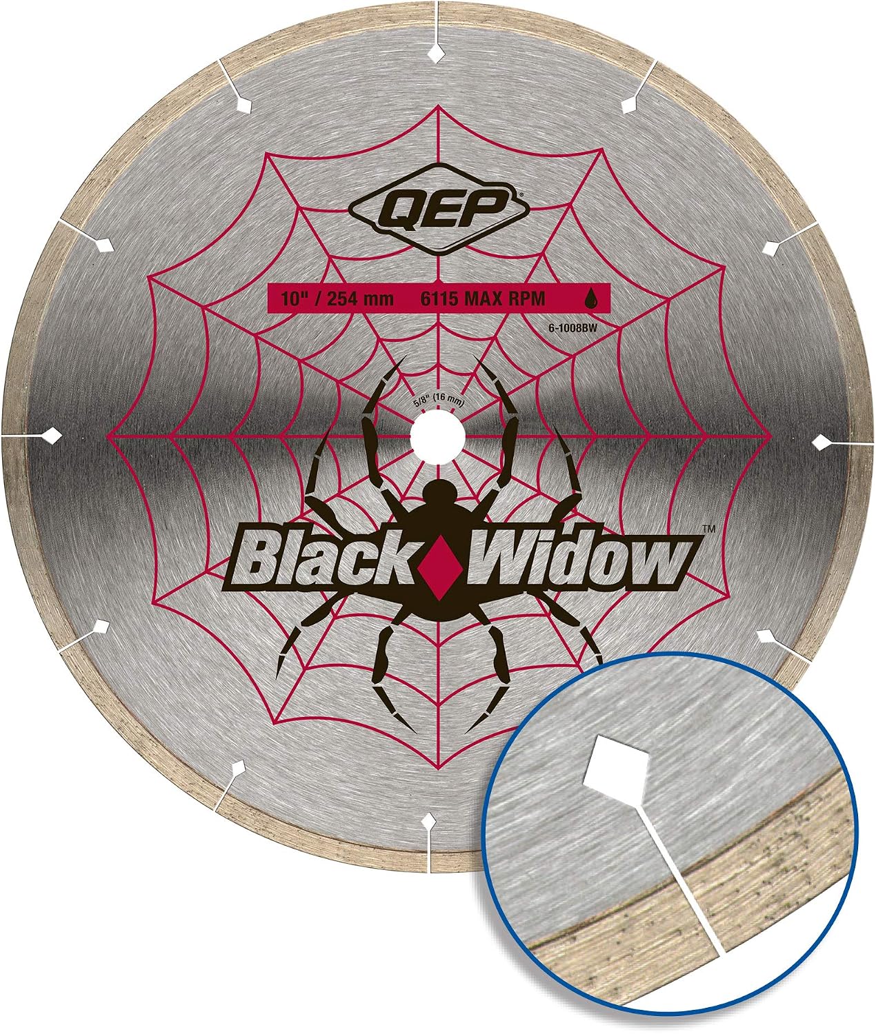 QEP 6-1008BW Black Widow 10" Wet Tile Saw Micro-Segmented Diamond Blade for Porcelain, Marble, Granite & Ceramic Tile, 5/8" Arbor, Wet Cutting, 6115 Maximum Rpm