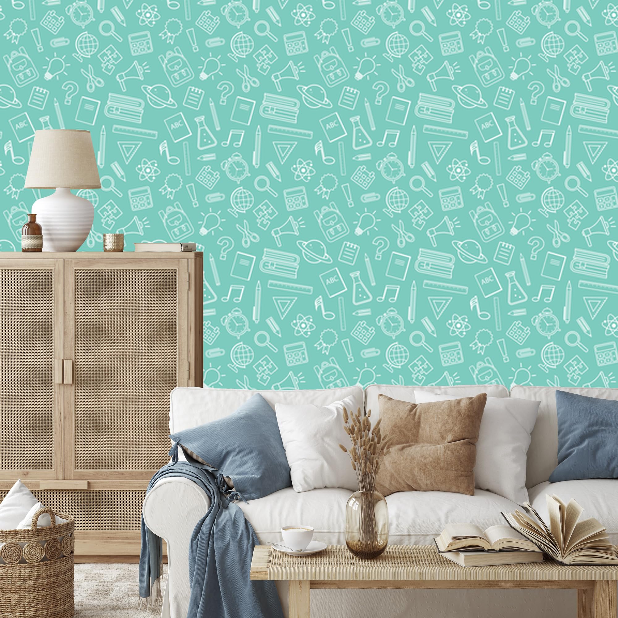 Vliestapete Schulbedarf – Petrol und Mintgrün 50 x 1000 cm | Ausdrucksstarke Bildgestaltung; Charaktervoller Raumschmuck; Harmonische Akzentfläche; Kleister im Set