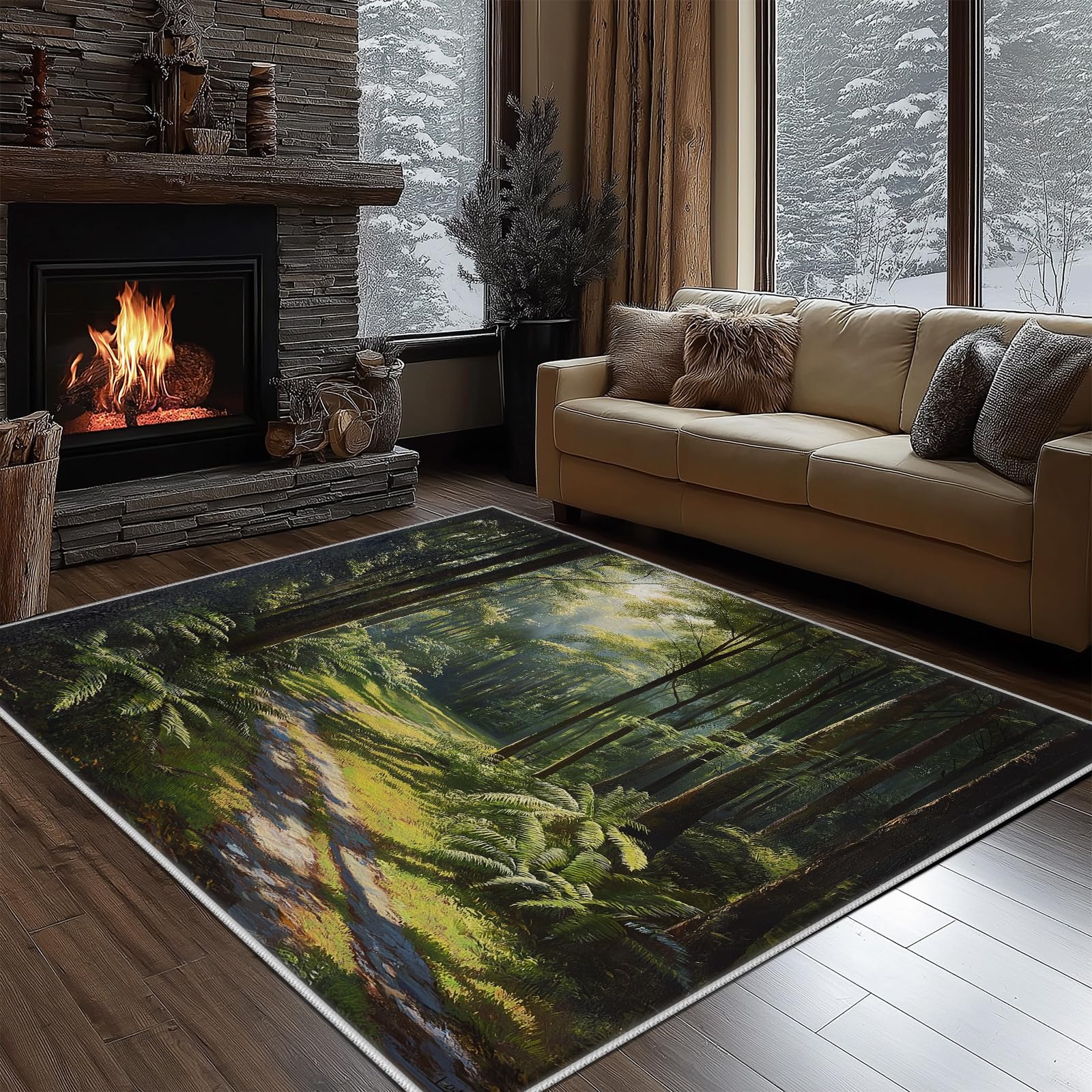 Tapis forêt vert antidérapant et lavable en machine 160x230 cm