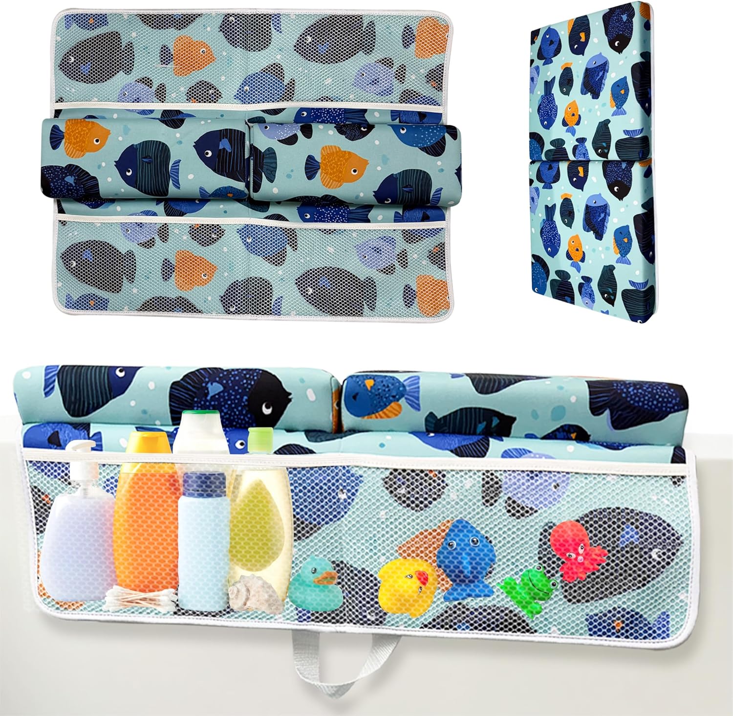 TubbieBuddies Bath Kneeler and Elbow Rest Pad Set – Fish-Themed Baby Bath Cushion with 4 Large Mesh Storage Pockets – Thick Non-Slip Foam, Suction Cups, & Foldable for Easy Storage
