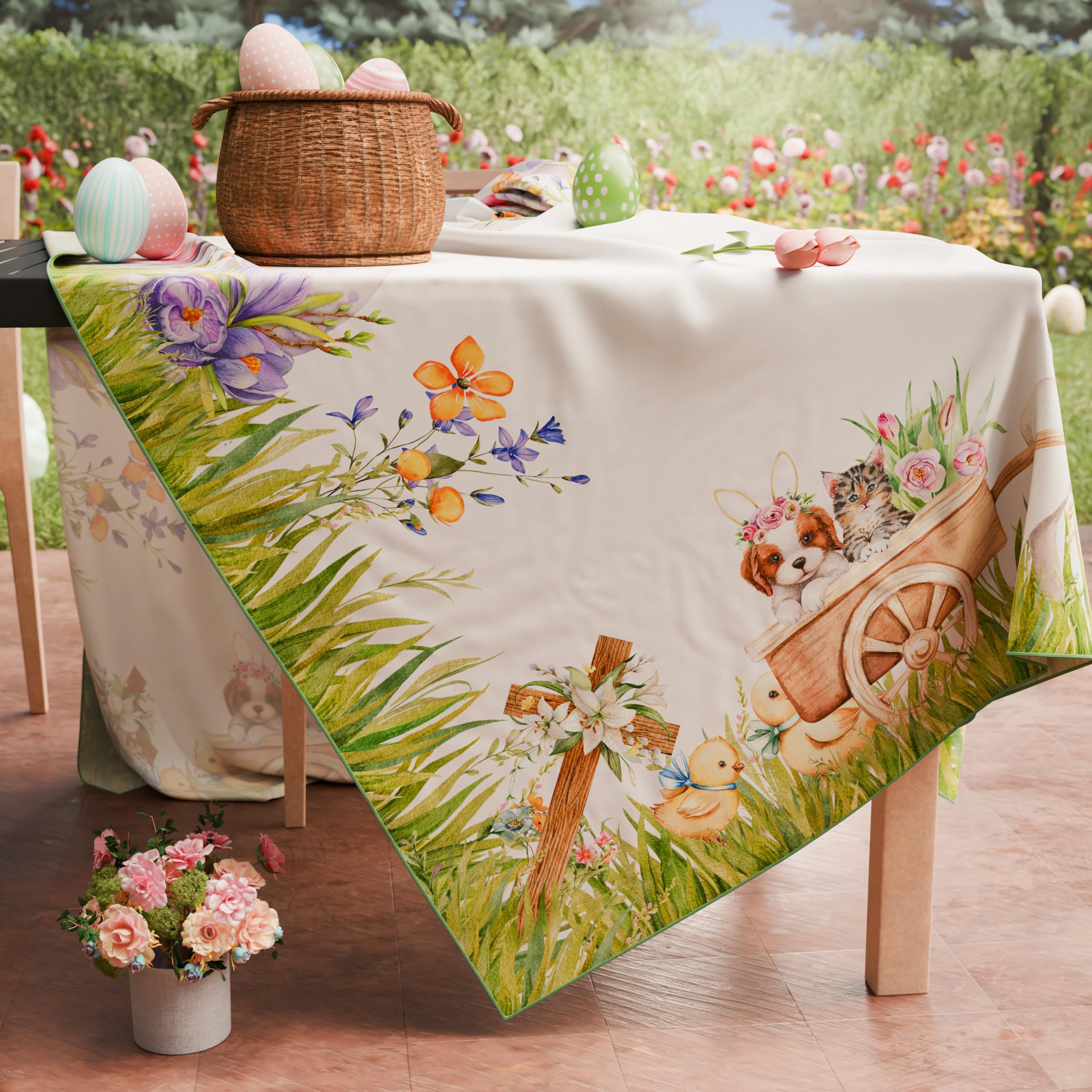 ABAKUHAUS Tovaglia Pasqua Rettangolare 140x240 Cm – Vintage Fiorito Con Uova – Raso Di Seta – Made In Turkey