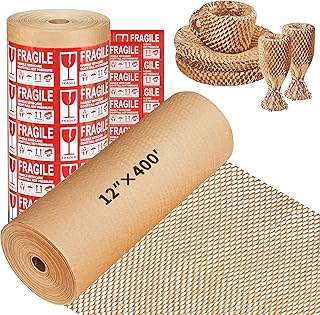 JARLINK Honeycomb Packing Paper, 12 * 400' Packing Wrap for Packing/Shipping/Moving, Recyclable Honeycomb Cushioning Wrap Roll, Moving & Gifts Wrapping Paper With 30 Fragile Sticker Labels