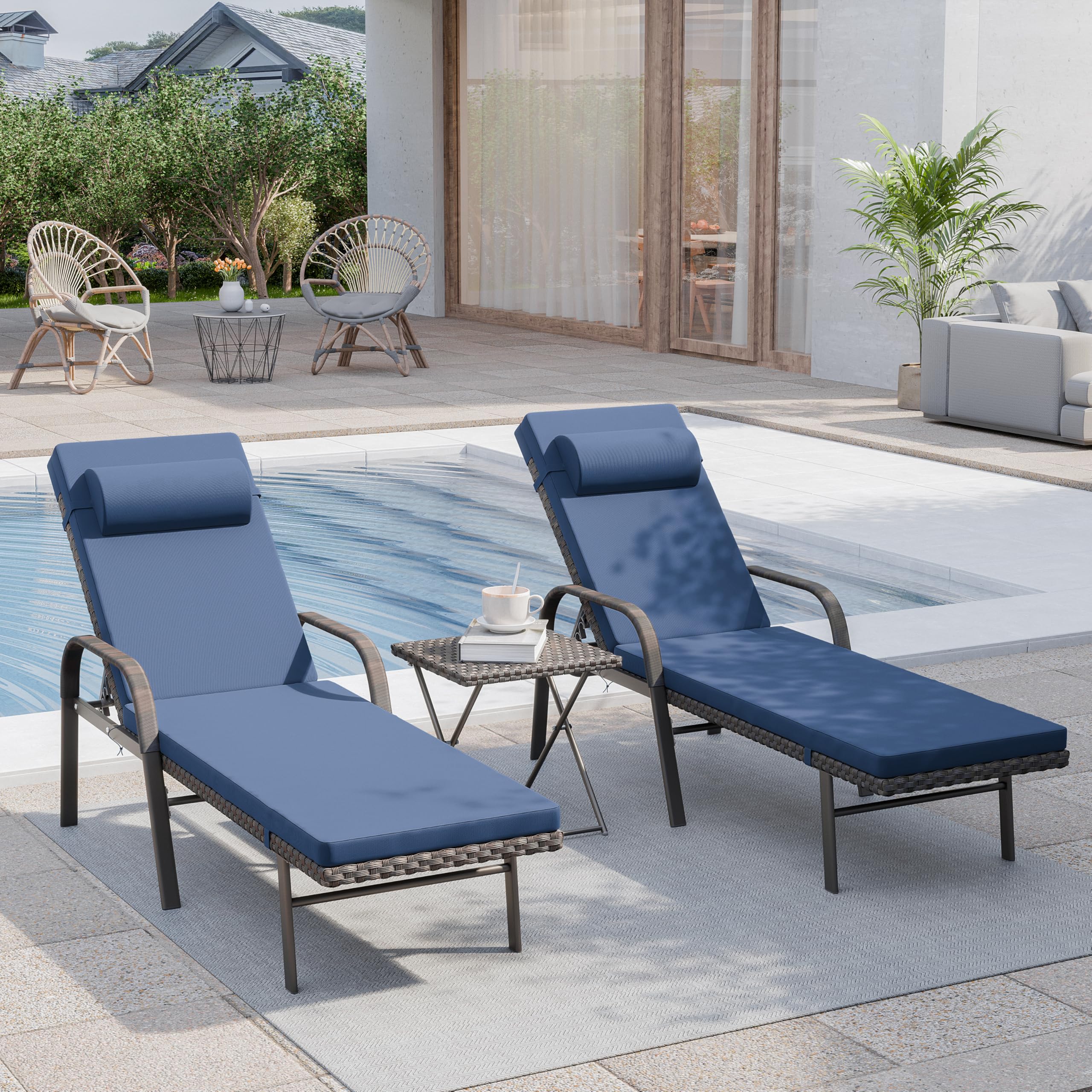 3 Pieces Patio Chaise Lounge Set Outdoor PE Rattan Armrest Lounge Chair Adjustable Backrest Reclining Chair with Folding Table and Cushion for Patio Poolside Backyard Porch Beach(Navy Blue)