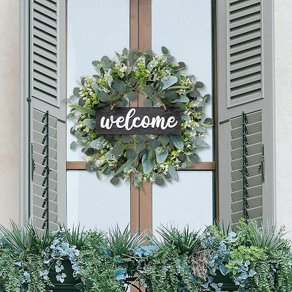 Dremisland Green Eucalyptus Wreath with Black Welcome Sign 22in