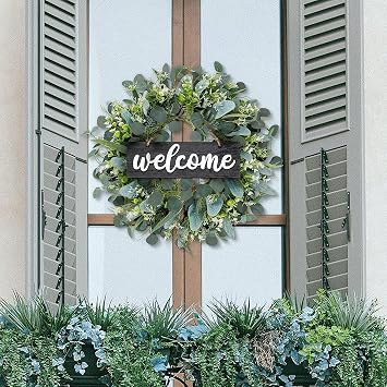 Dremisland Green Eucalyptus Wreath with Black Welcome Sign 22in