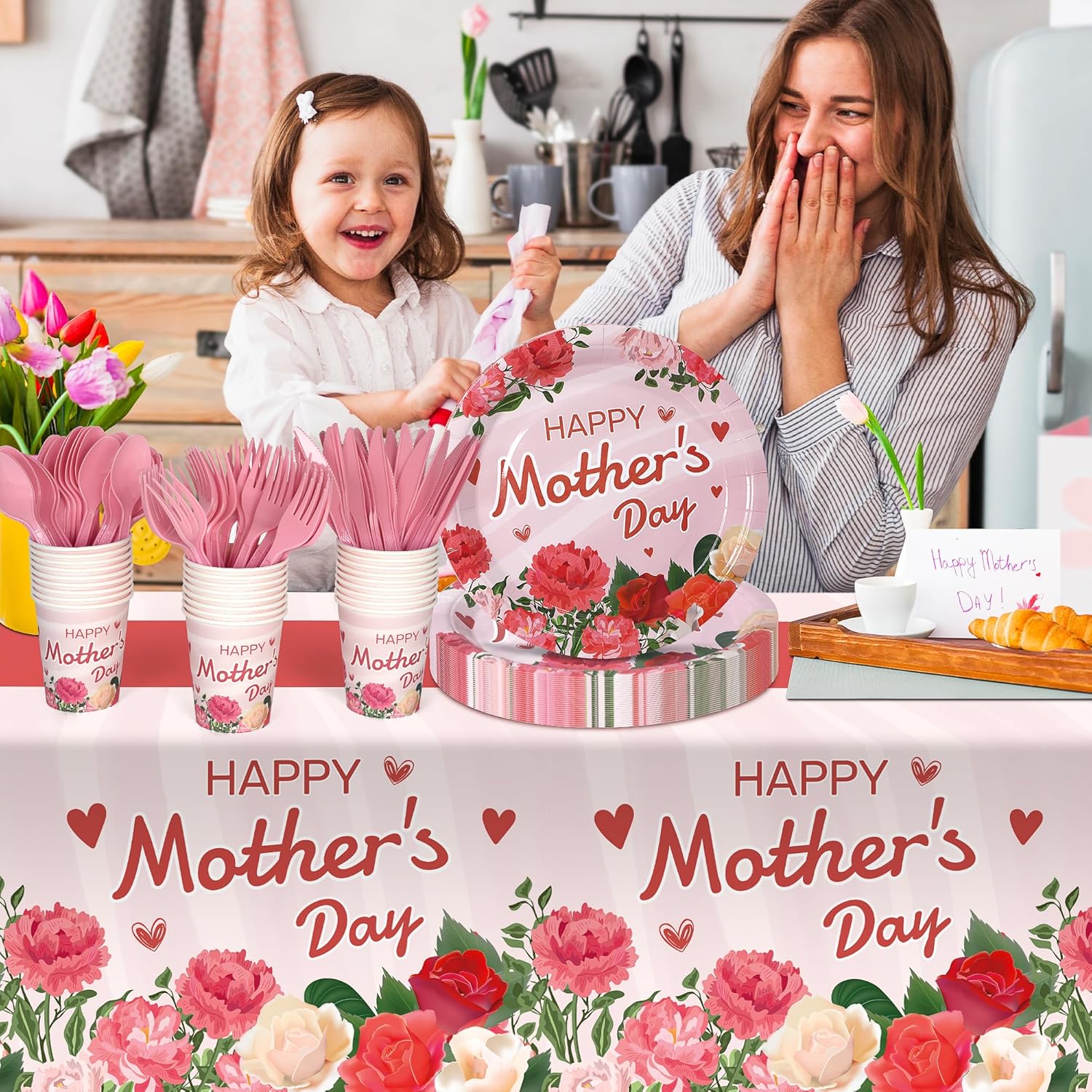 Childom Mothers Day Decorations for Party,132 Pcs Disposable Mothers Day Plates Tablecloth Cups Knives Spoons Forks for Party Supplies,Plates Tableware for Moms Birthday,Home,Brunch,Dinner,Serves 26