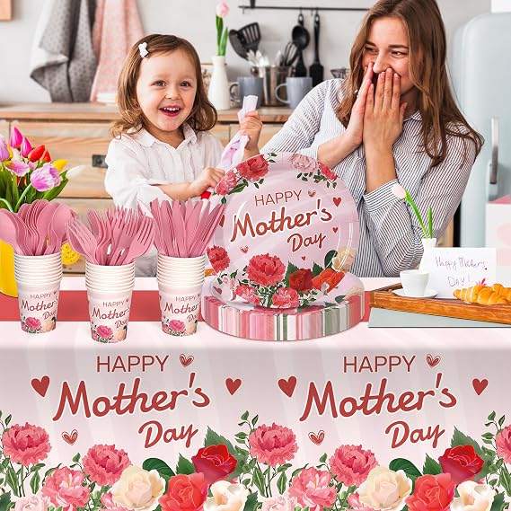 Childom Mothers Day Decorations for Party,132 Pcs Disposable Mothers Day Plates Tablecloth Cups Knives Spoons Forks for Party Supplies,Plates Tableware for Moms Birthday,Home,Brunch,Dinner,Serves 26