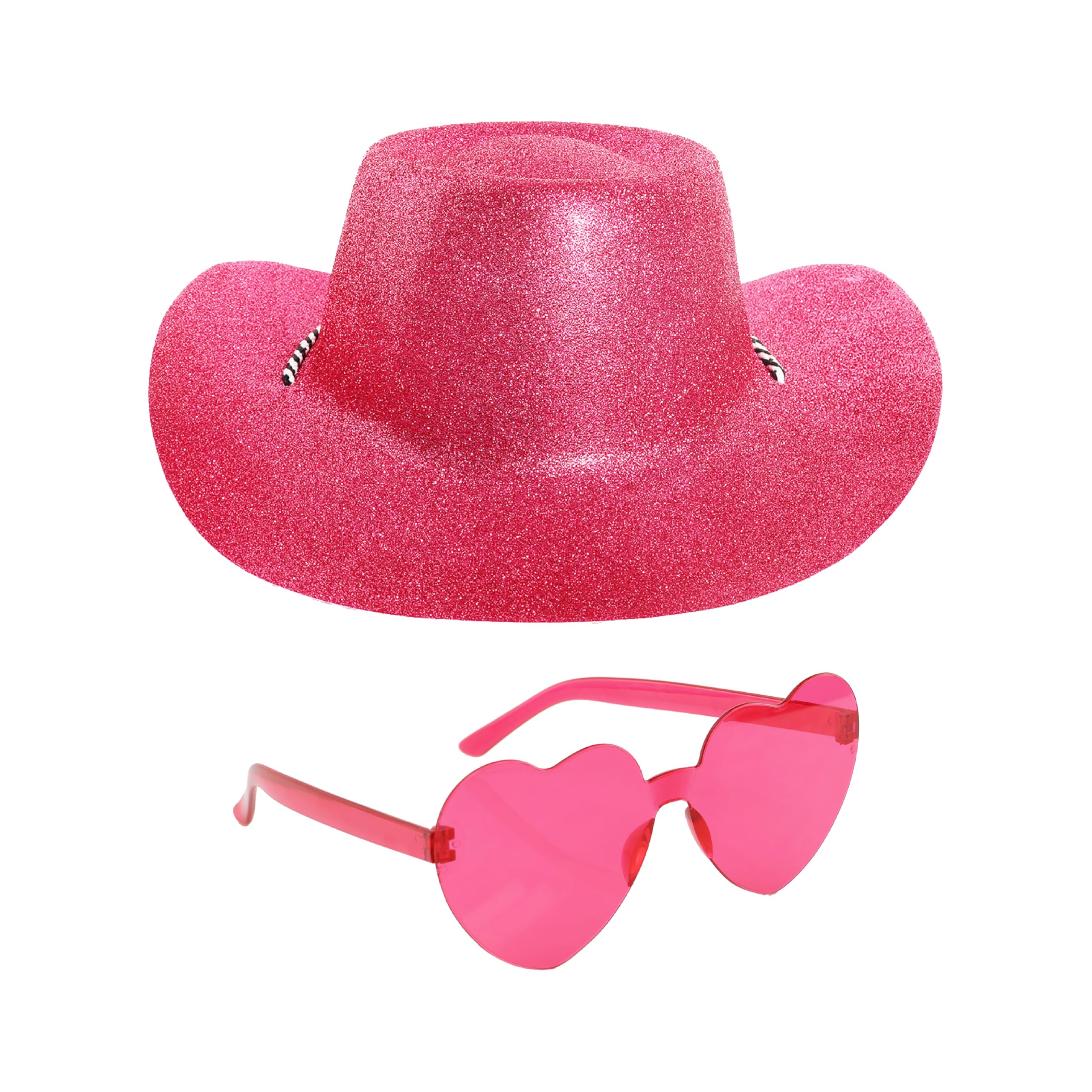 Glitter Cowboy Hat & Glasses Accessory Set - Pack of 1 - Pink Glitter Cowboy Hat and Pink Heart-Shaped Glasses - Adults Music Concert Fancy Dress Costume Accessory