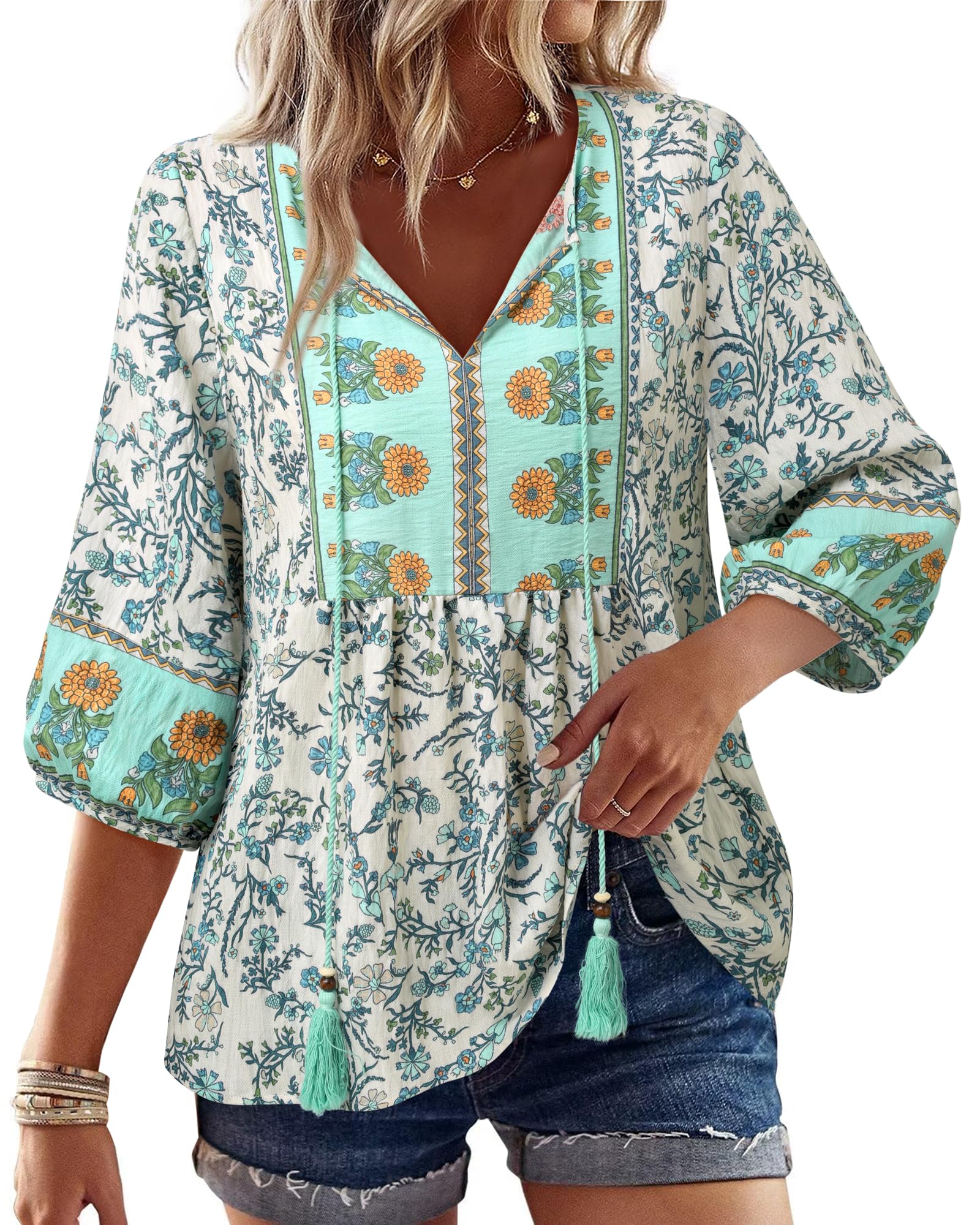 Vivilli Womens Summer Boho Babydoll Tops 3/4 Sleeve Pleated Peplum Blouses Casual V Neck Tie Front 2026 Tunic Tops