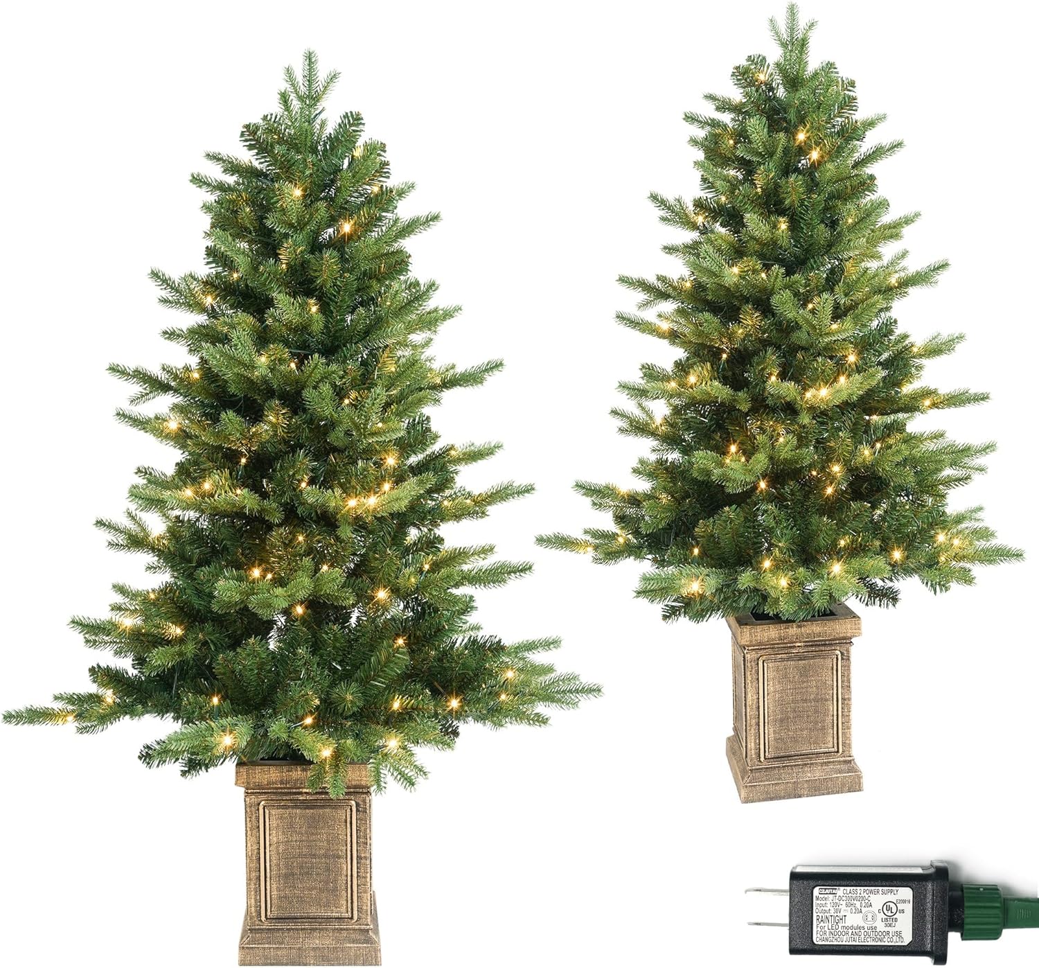 4FT Prelit Potted Christmas Tree with 150 LED, Artificial Christmas Tree Outdoor Indoor Decor, AC-Powered, Warm Lights for Front Door, Porch, Entryway – 2 Pack