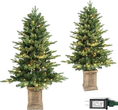 HomeKaren 4FT Prelit Potted Christmas Tree with 150 LED, Artificial Christmas Tree Outdoor Indoor Decor, AC-Powered, Warm Lights for Front Door, Porch, Entryway 2 Pack