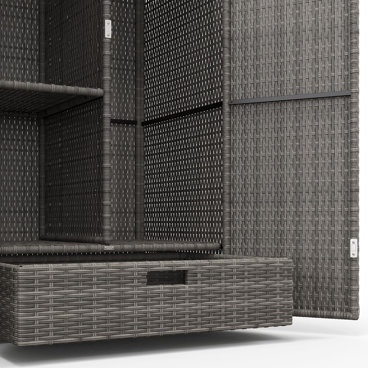 Outsunny Wicker Outdoor Storage Cabinet with Shelves, 2-Door Rattan Pool Towel Storage Cabinet with Removable Shelf & Drawer, Outdoor Towel Holder for Garden, Backyard, Porch, Dark Gray