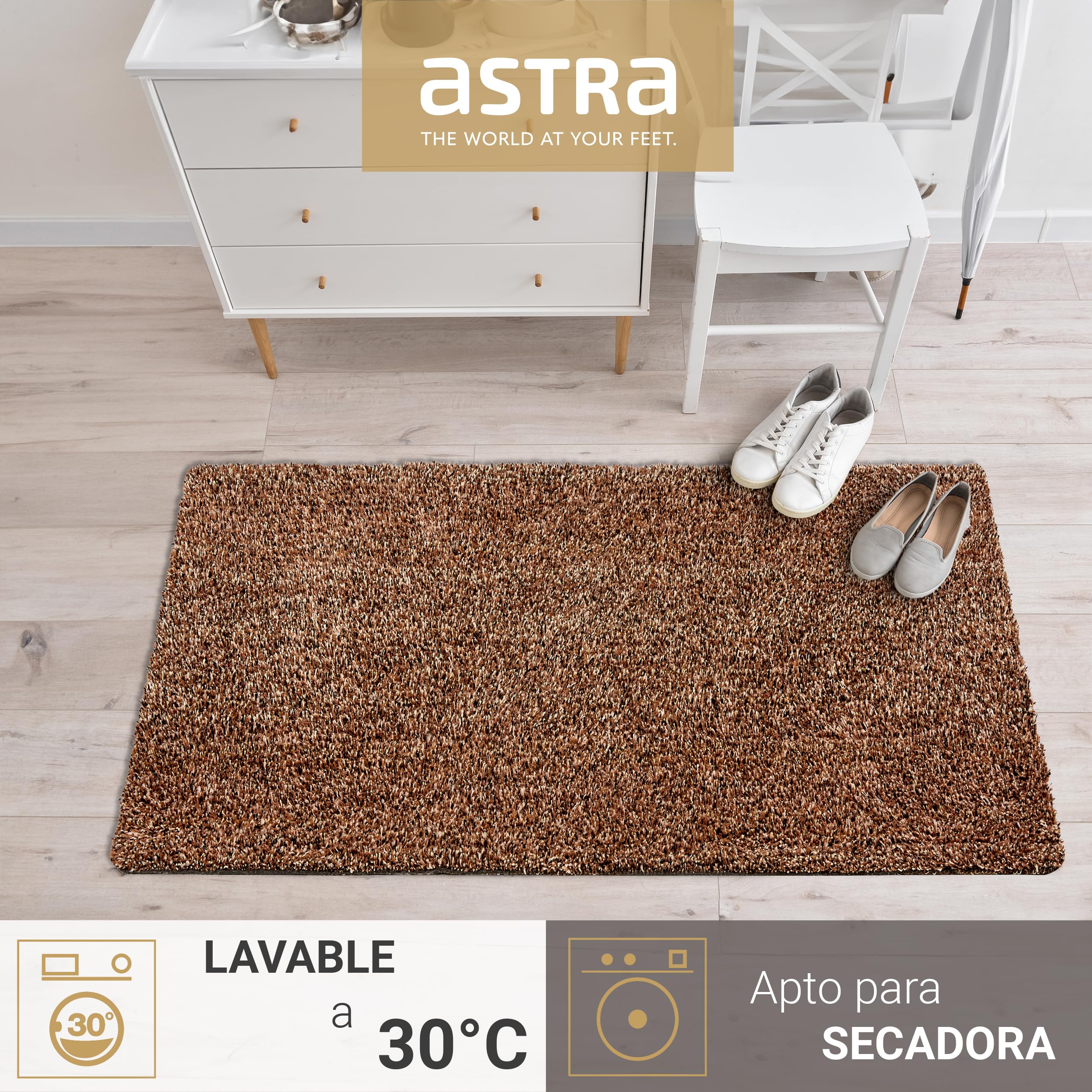 Astra Felpudo interior antideslizante, sostenible, lavable a máquina a 30 °C, sin PVC, fácil de limpiar, juego de 2 unidades, 40 x 60 cm, color marrón
