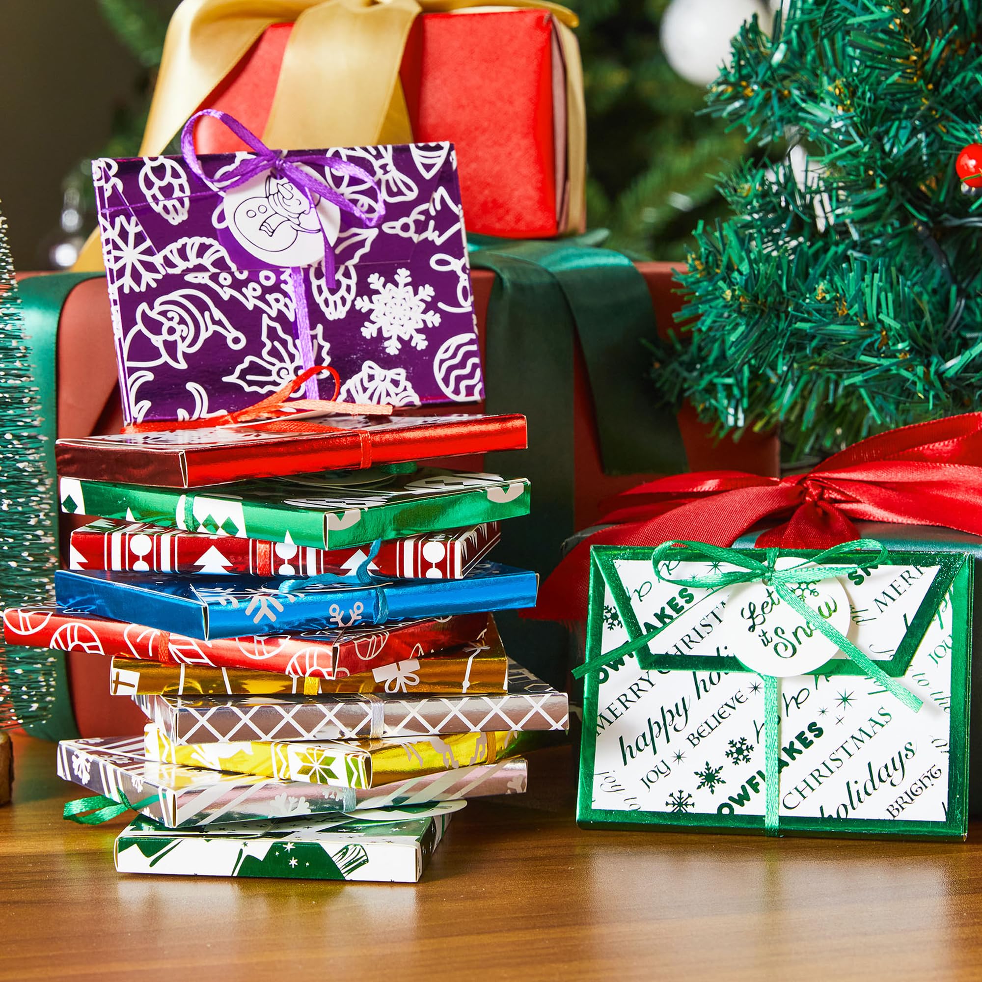 36 PCs Christmas Fancy Gift Foil Decorative Wrapped Envelope Card Boxes with Ribbon Holder (4.5