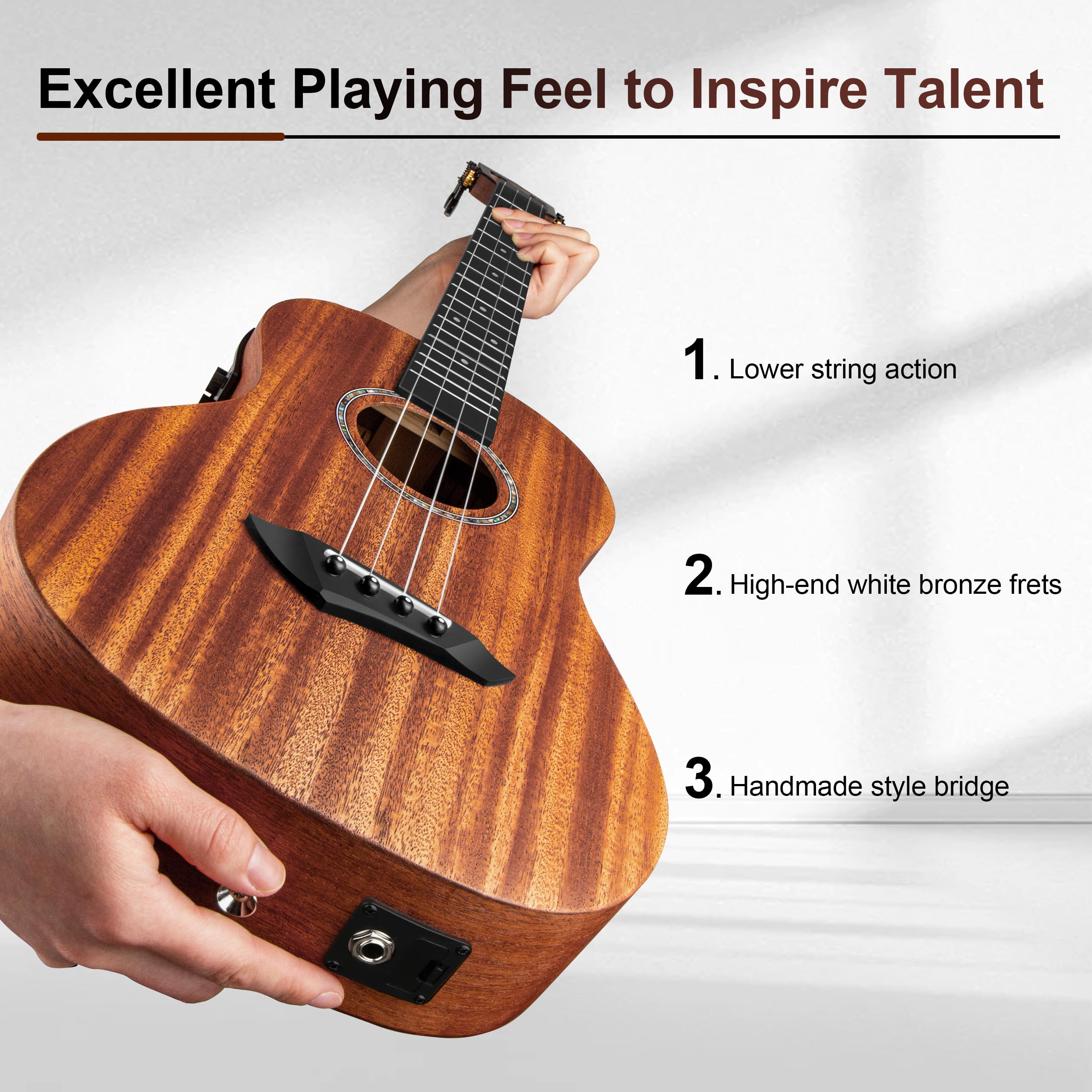 Caramel CB402 - Ukelele eléctrico barítono de madera de caoba maciza de 76 cm, kit de instrumentos de ukelele profesional de madera hawaiana pequeña para principiantes, paquete de iniciación, bolsa de