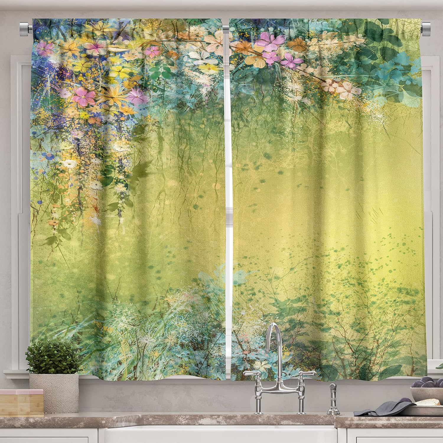 Ambesonne Flower Kitchen Curtains, Spring Foliage with