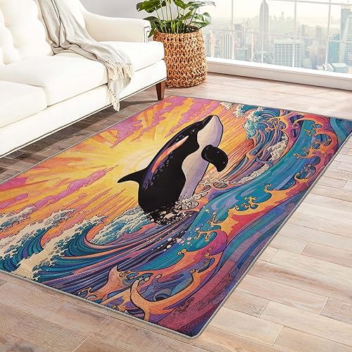 Dolphin Sunset Rug 3x4 Area Rug, Ocean Sea Rugs for Entryway Bedroom Living Room, Washable Non-Slip Soft Low Pile Small Rug Indoor Door Mat, Dorm