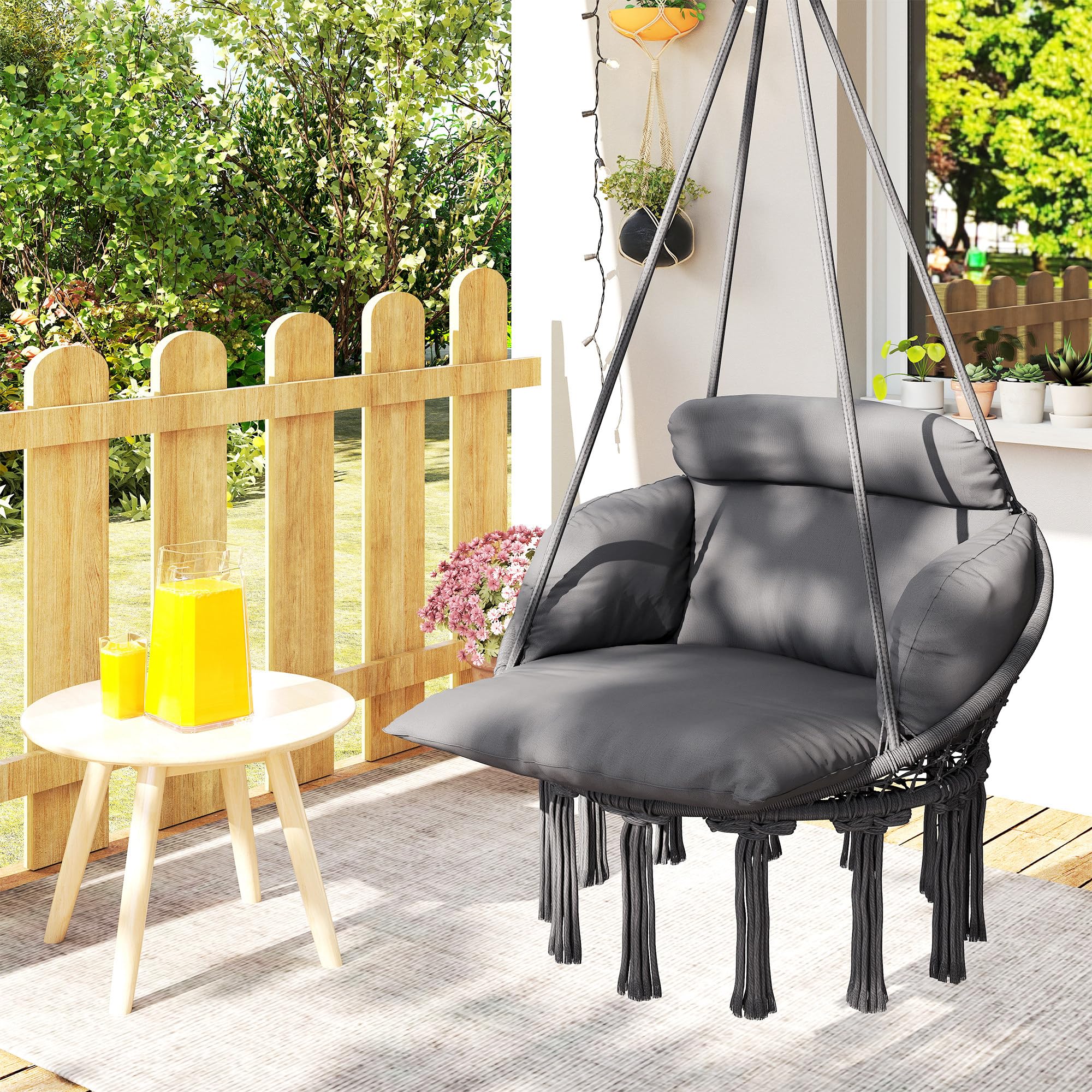 Outsunny Chaise Suspendue avec Grand Coussin rembourré, Fauteuil Suspendu à Franges, kit de Suspension Inclus, hamac Cadre en Acier, Tissage serré, Gris foncé