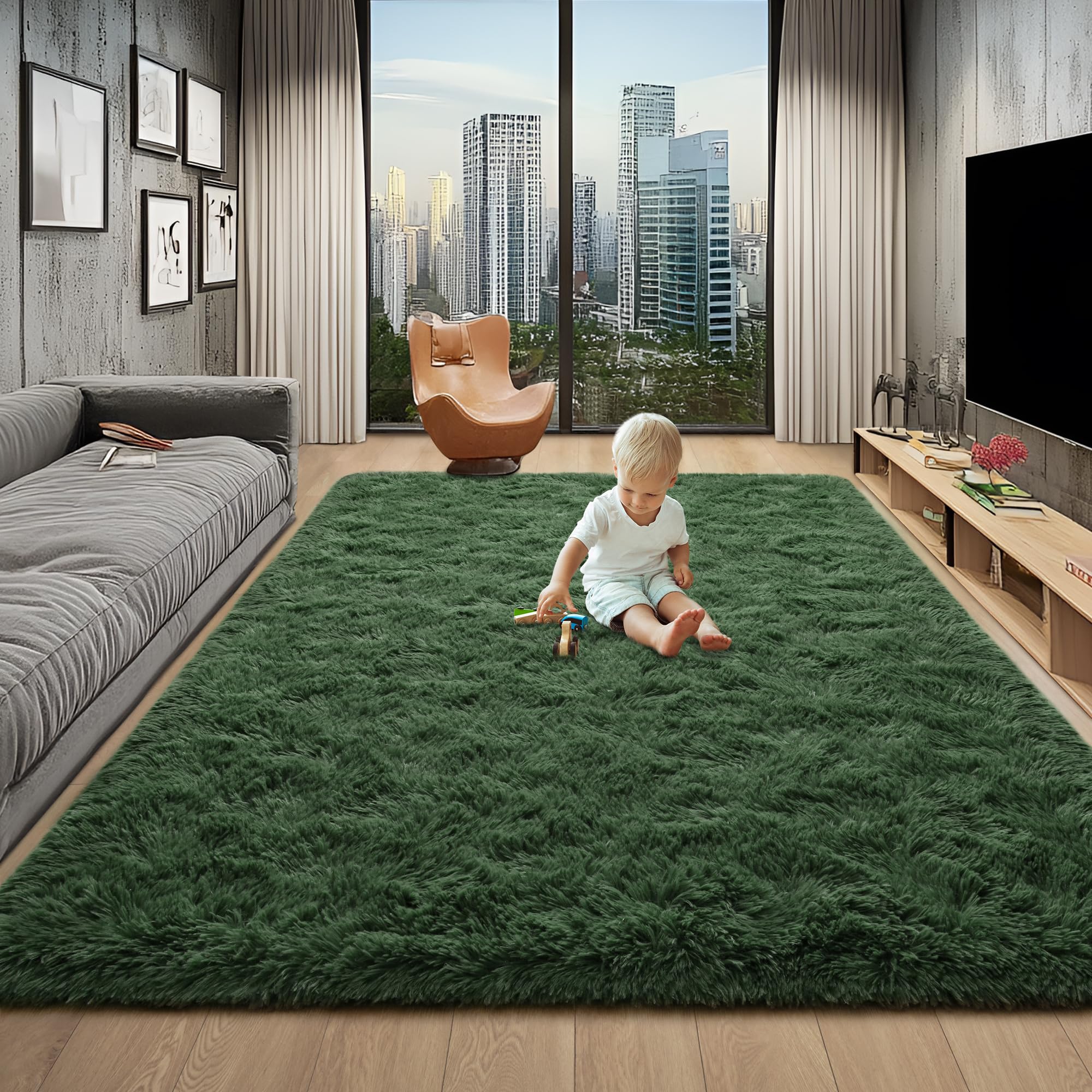 Foxmas Soft Fluffy Area Rugs for Bedroom, Dark Green Plush Shaggy Kids Room Nursery Rug, Non-Slip Throw Carpets for Boys Girls, College Dorm Living