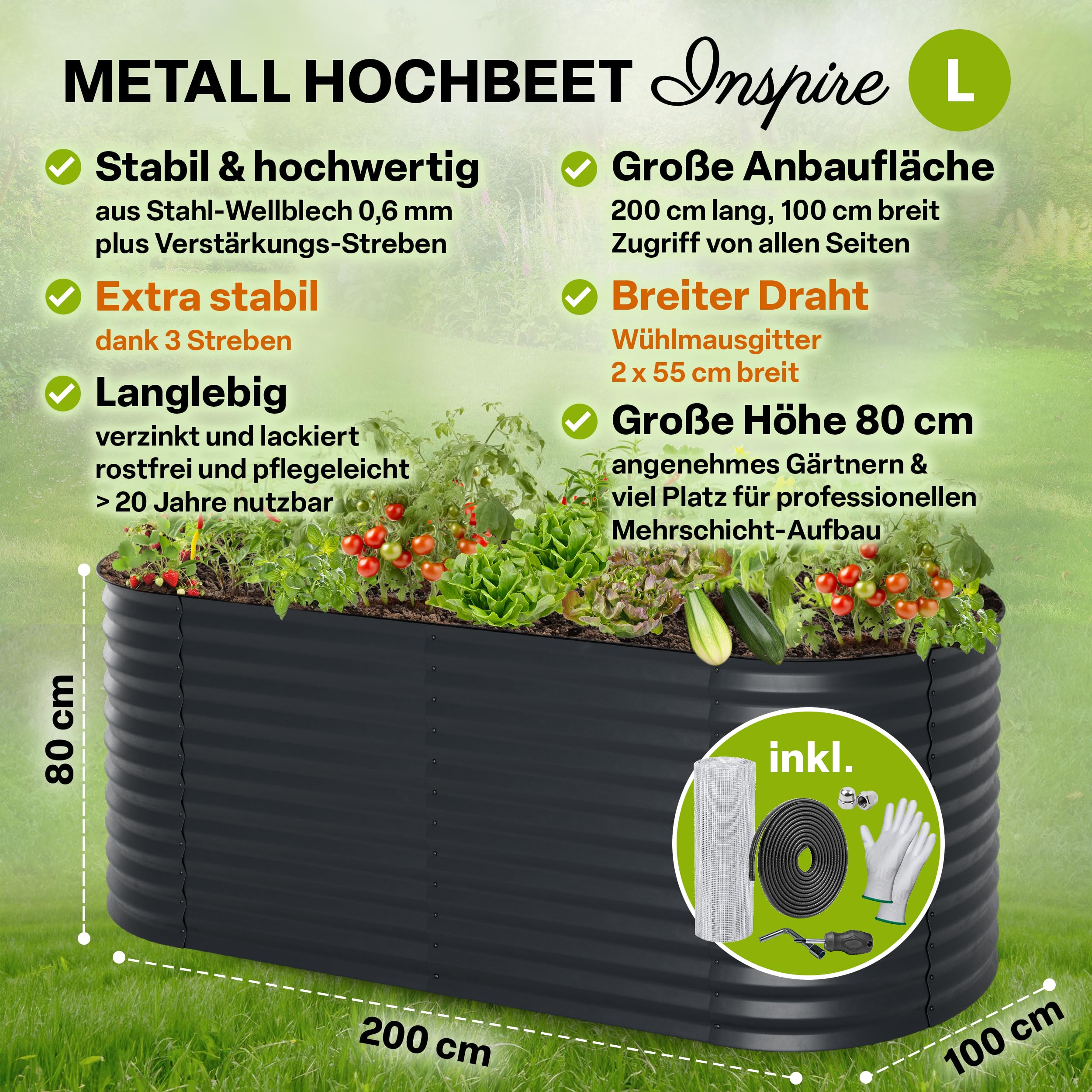 TTL GARDEN 200x100x80cm Inspire L anthrazit Metall Hochbeet Stahl verzinkt | - Rostfrei verzinkt & grau lackiert Wellblech ovale Form stabil Garten Beet für Gemüse Kräuter Blumen Gartenbeet Gemüsebeet
