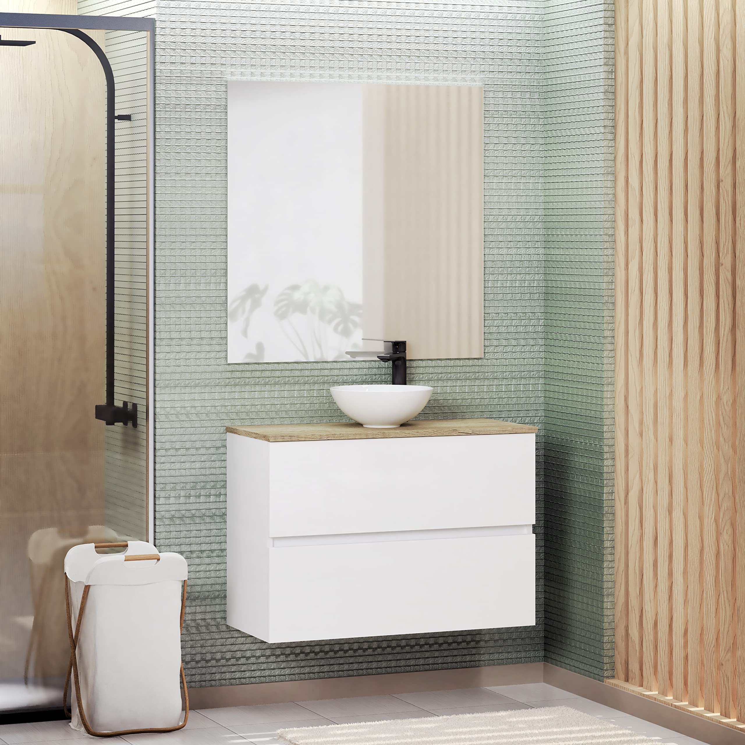 Baikal Conjunto de Mueble de Baño Ness, Especial para baños pequeños. Mueble de Fondo Reducido en 36cm, Incluye Lavabo Cerámico. Mueble MONTADO. Dos Cajones 80 cm Blanco
